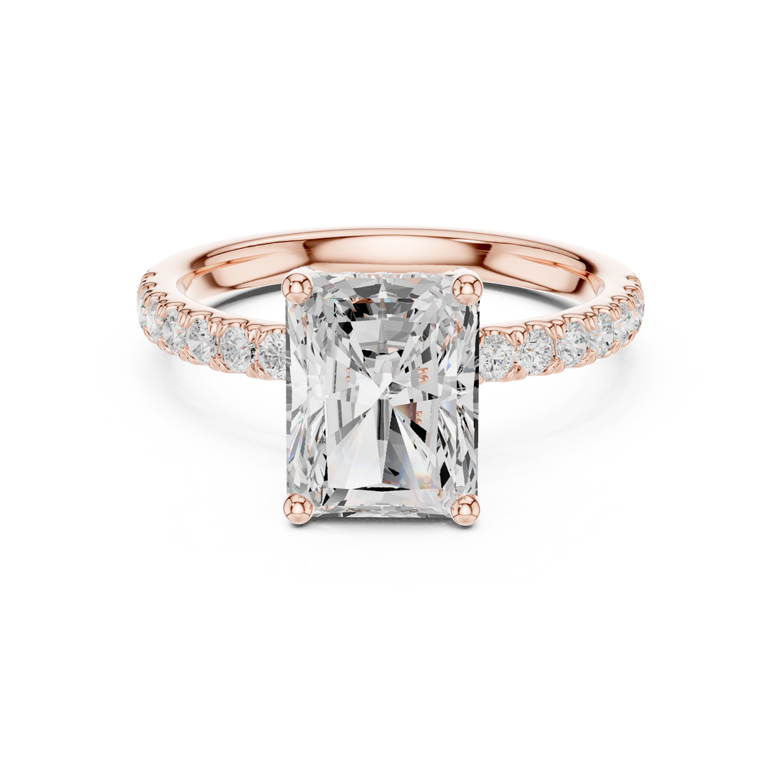 Sparkling Radiant Cut Diamond Engagement Ring with Pavé Diamond Band close-up accent detail