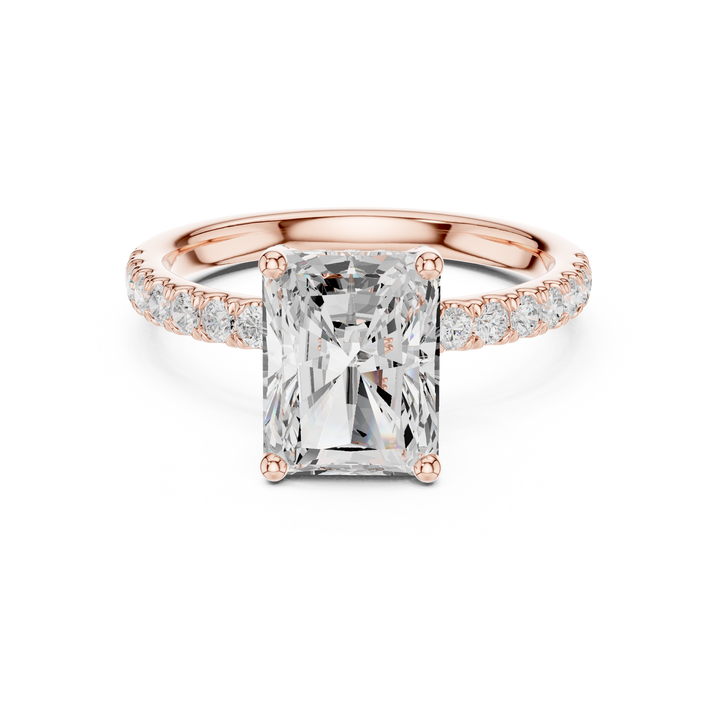Sparkling Radiant Cut Diamond Engagement Ring with Pavé Diamond Band close-up accent detail