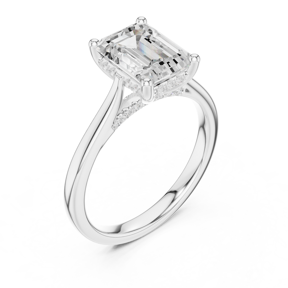 Emerald Cut Diamond Engagement Ring with Hidden Pavé Accent Diamonds
