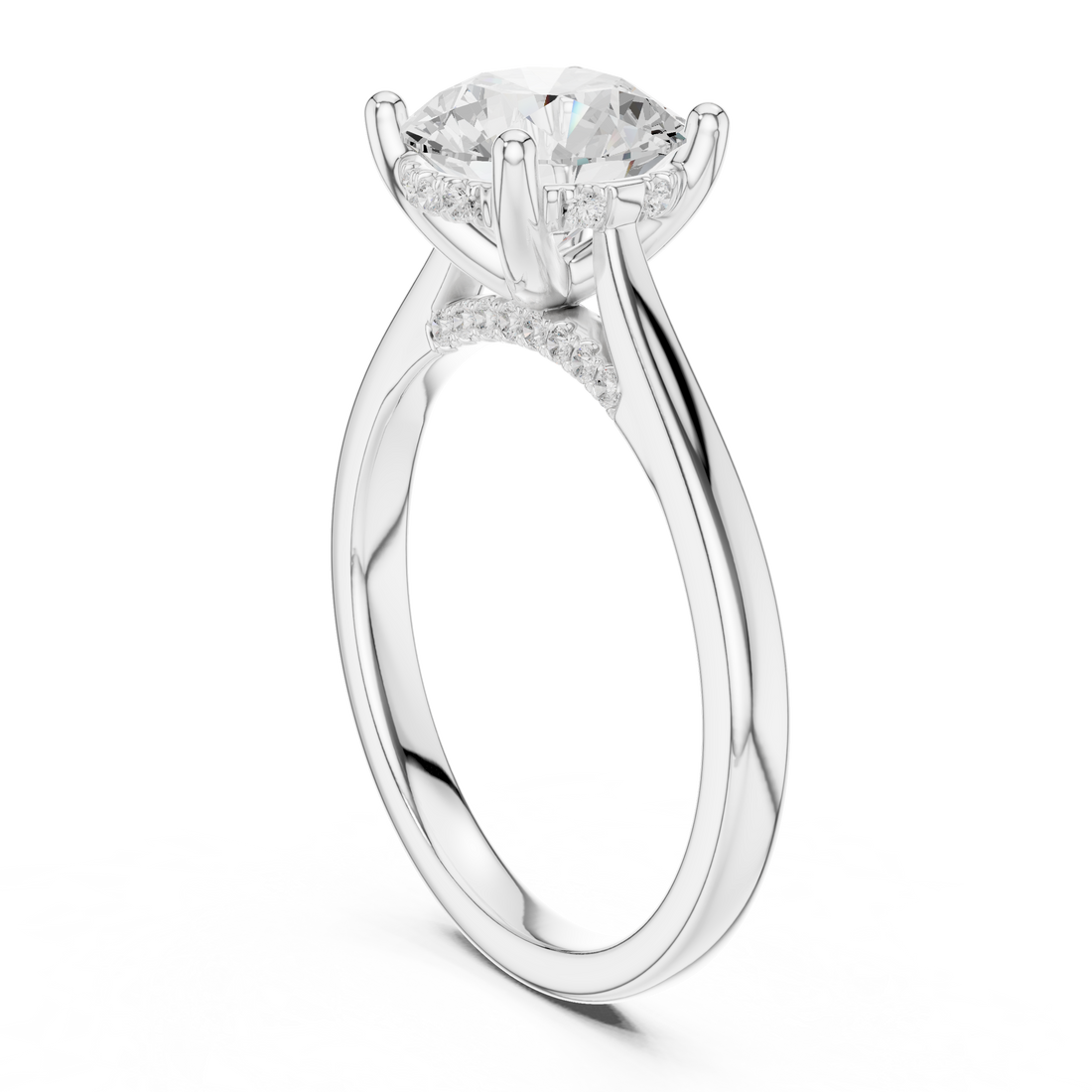 Round Cut Diamond Solitaire Ring with Hidden Side Stone Accents