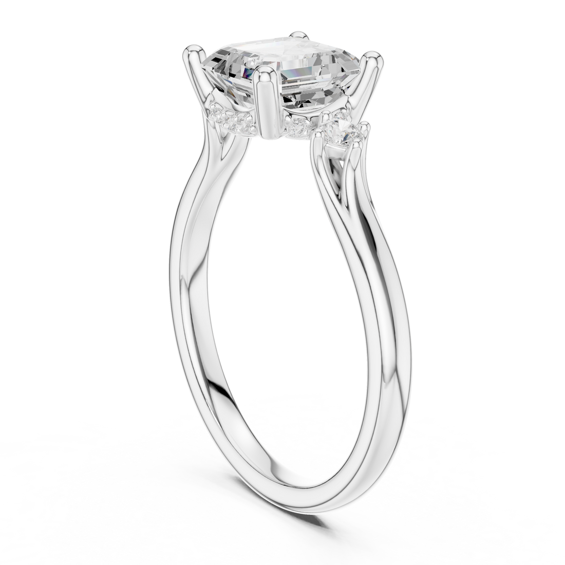 Asscher Cut Diamond Three Stone Ring with Round Side Diamonds