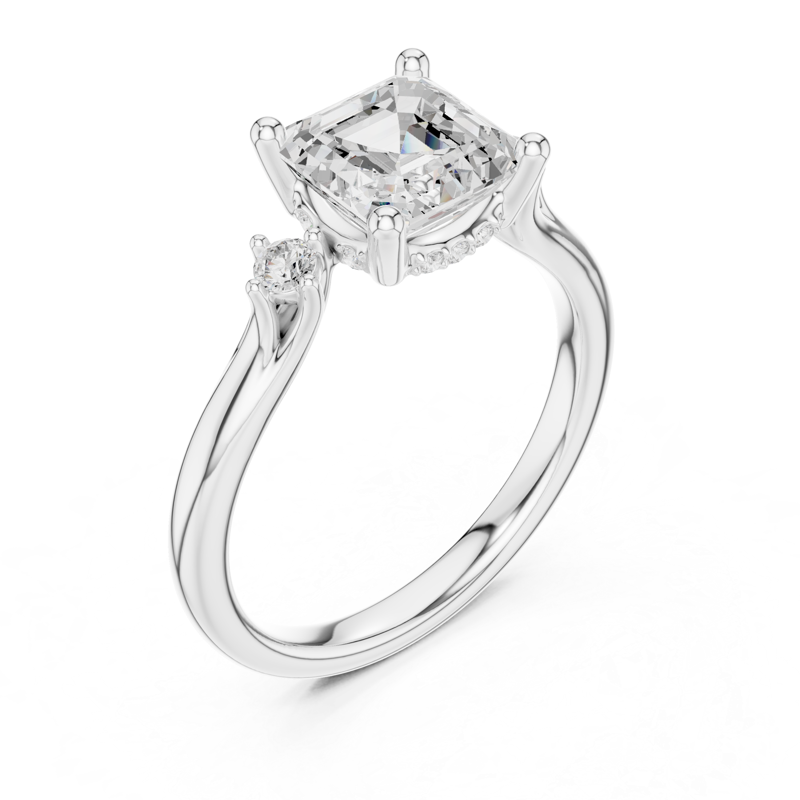 Asscher Cut Diamond Three Stone Ring with Round Side Diamonds