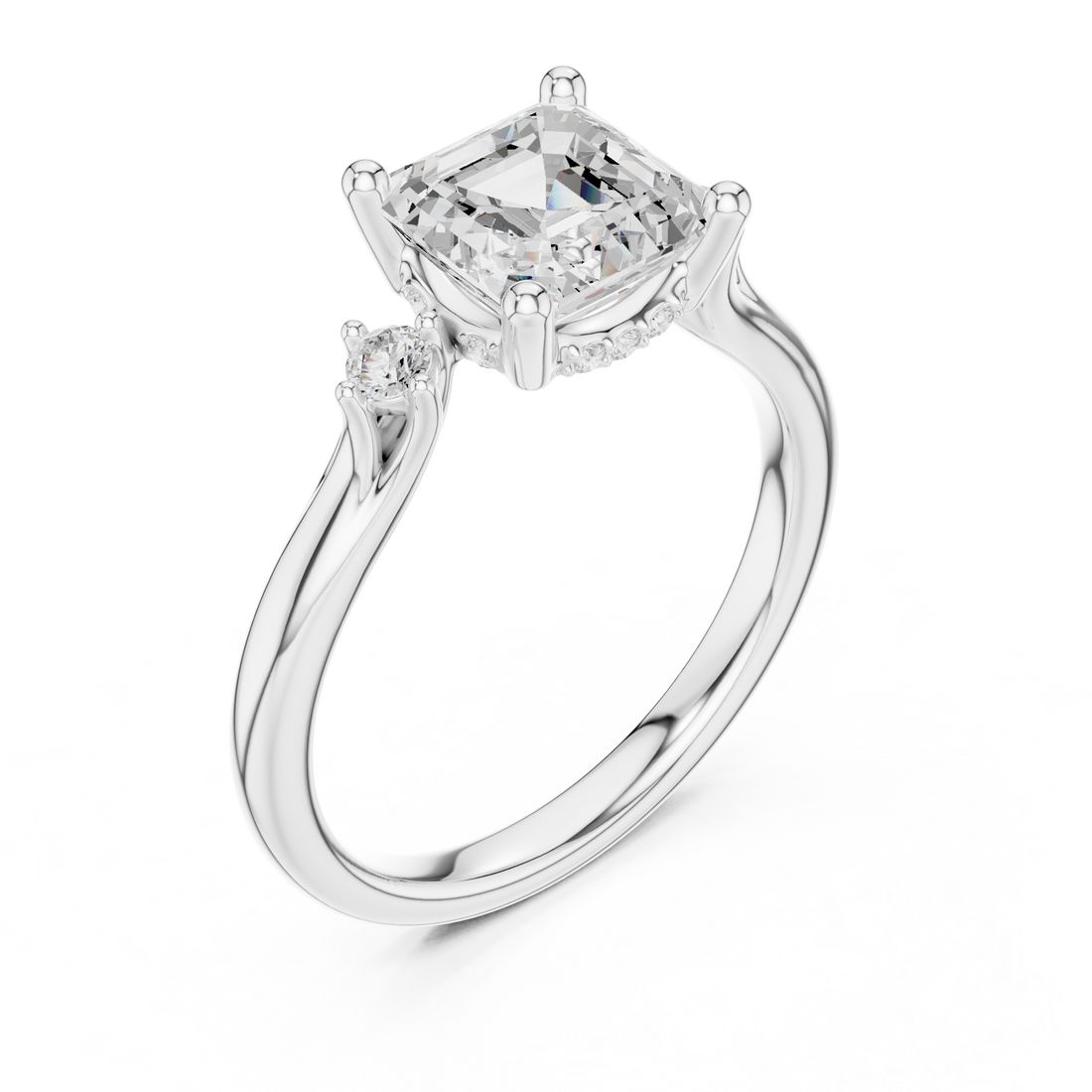 Asscher Cut Diamond Three Stone Ring with Round Side Diamonds