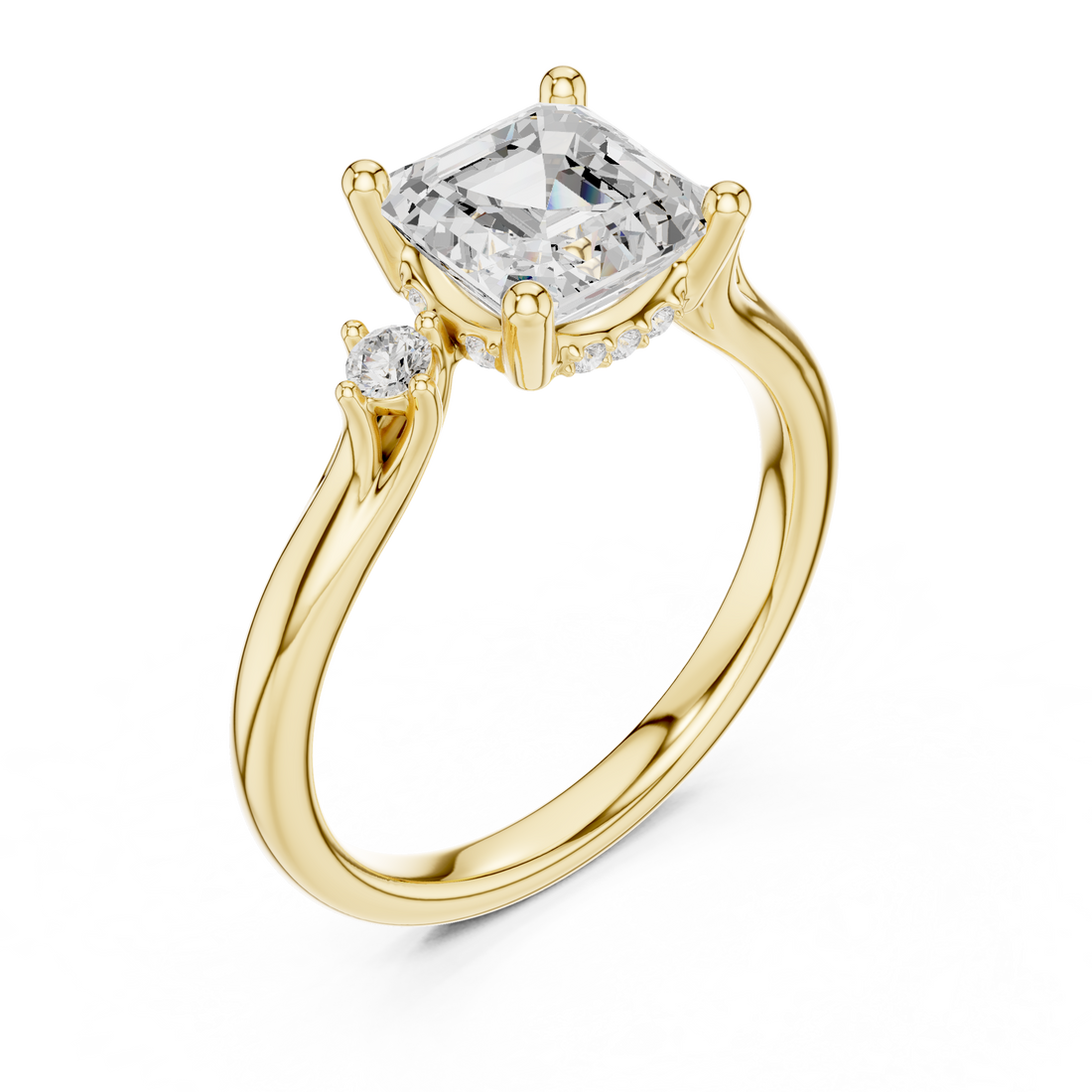 Asscher Cut Diamond Three Stone Ring with Round Side Diamonds