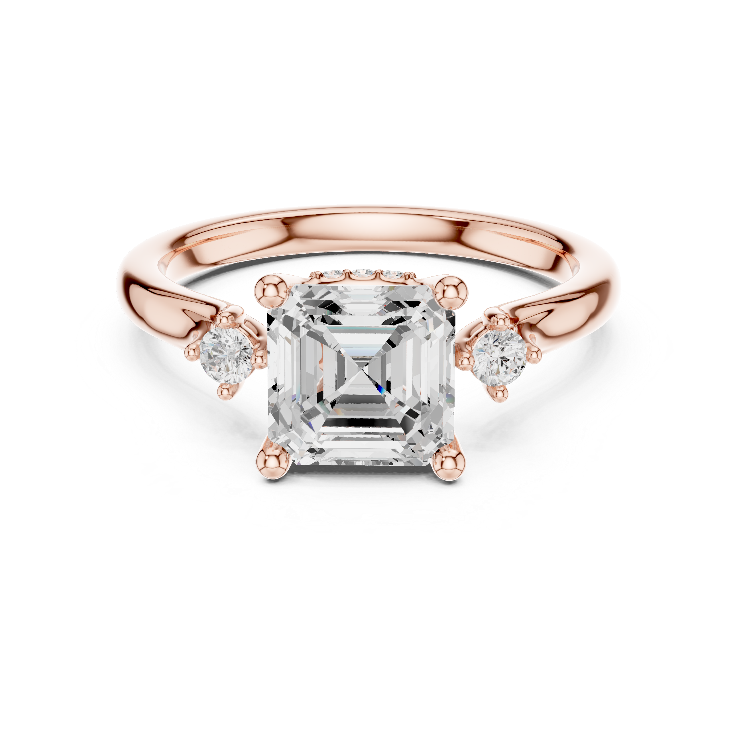 Asscher Cut Diamond Three Stone Ring with Round Side Diamonds