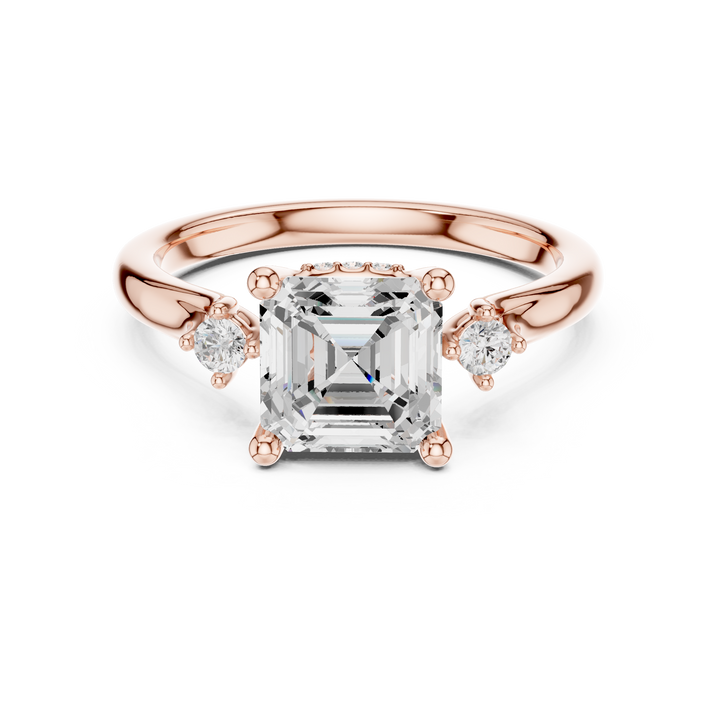 Asscher Cut Diamond Three Stone Ring with Round Side Diamonds