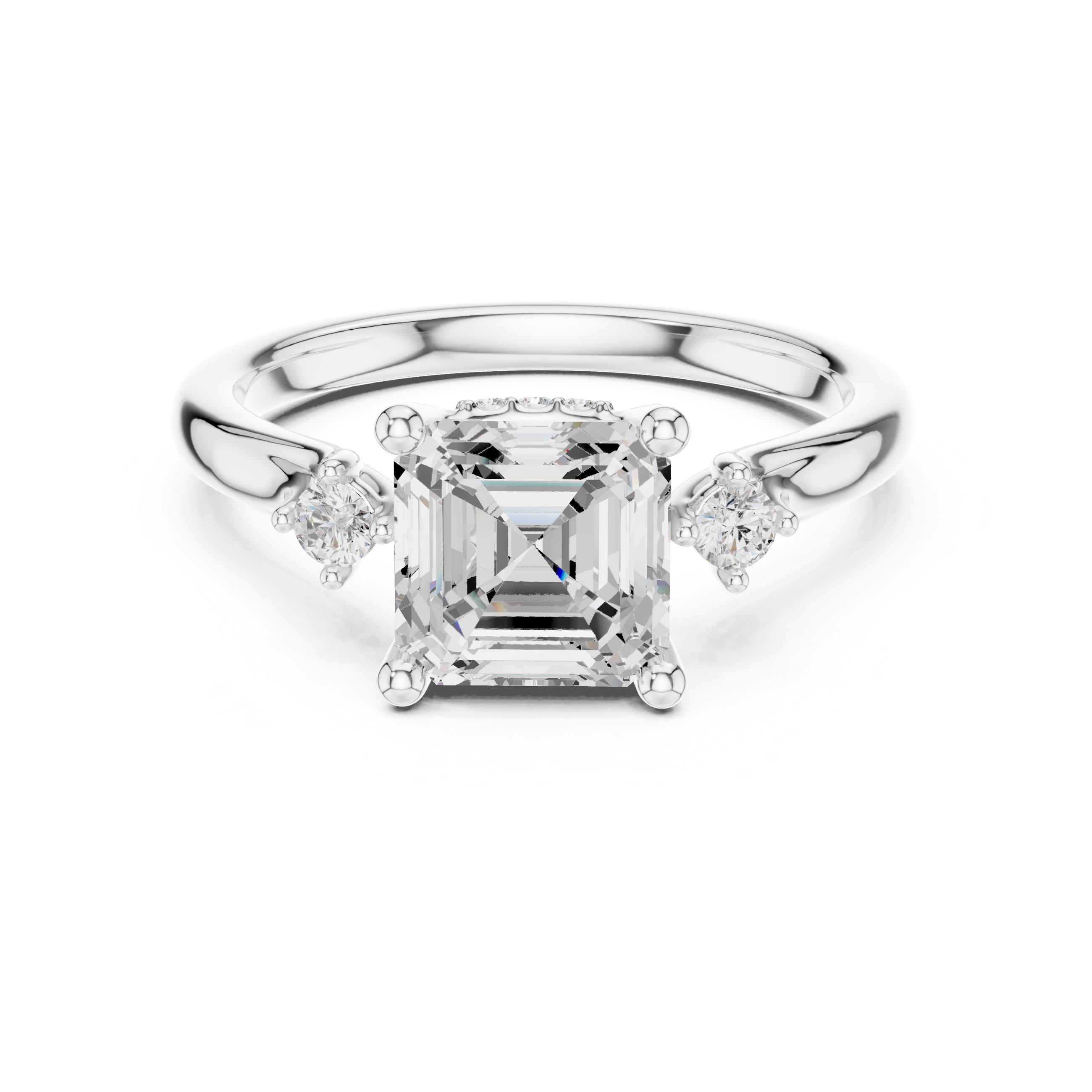 Asscher Cut Diamond Three Stone Ring with Round Side Diamonds