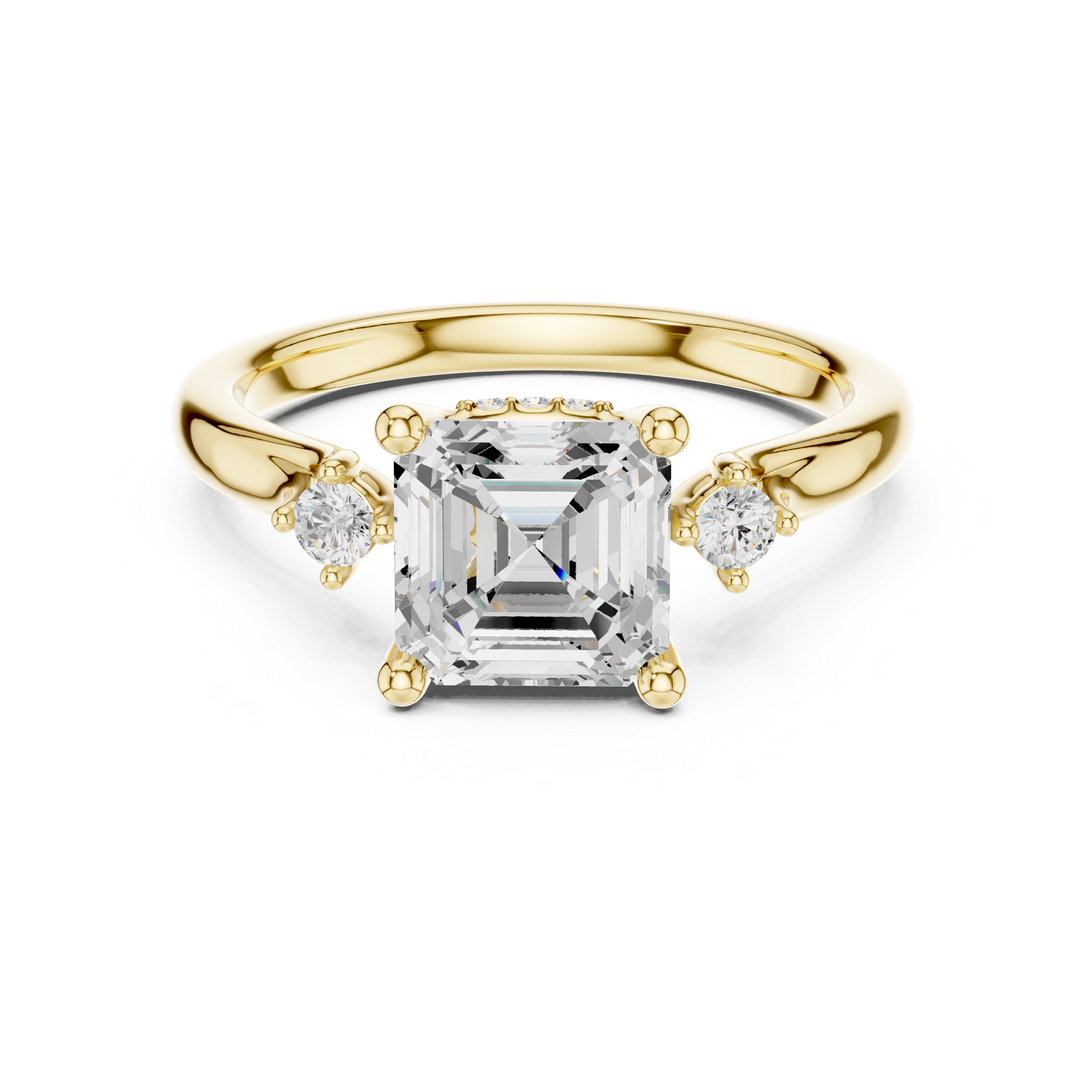 Asscher Cut Diamond Three Stone Ring with Round Side Diamonds