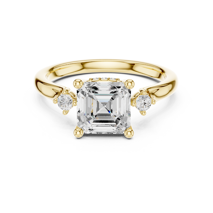 Asscher Cut Diamond Three Stone Ring with Round Side Diamonds