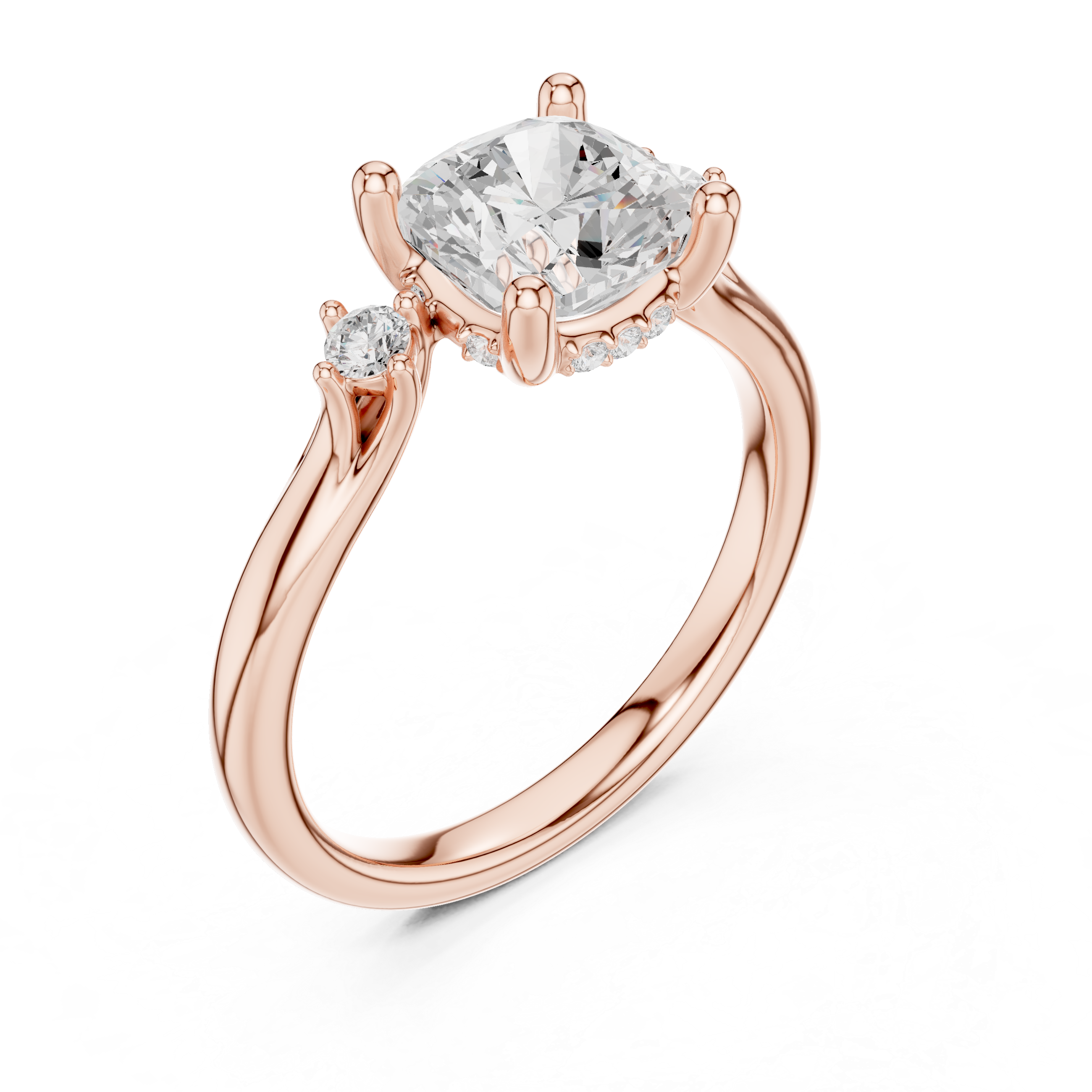 Cushion Cut Diamond Three Stone Engagement Ring with Accent Diamonds