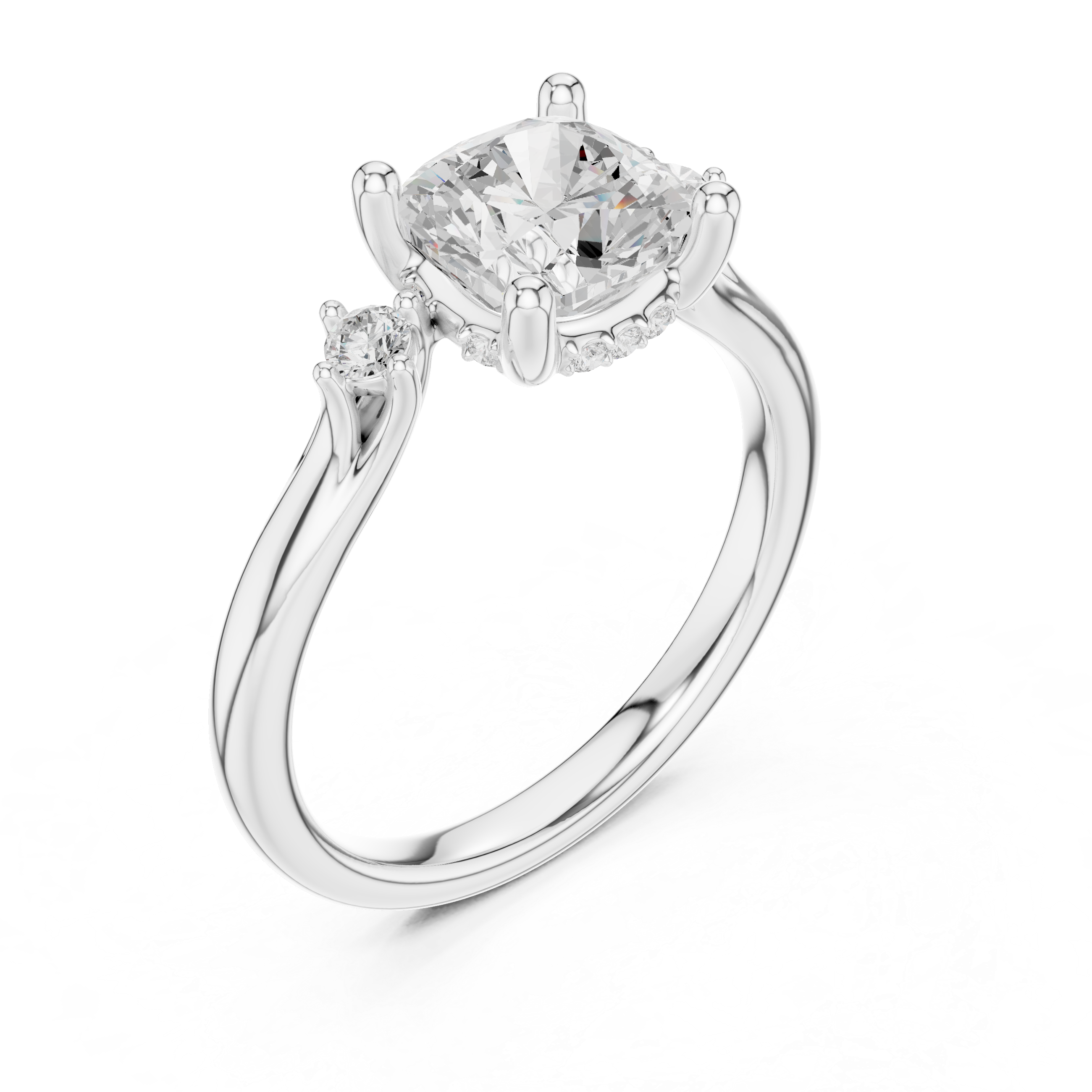 Cushion Cut Diamond Three Stone Engagement Ring with Accent Diamonds