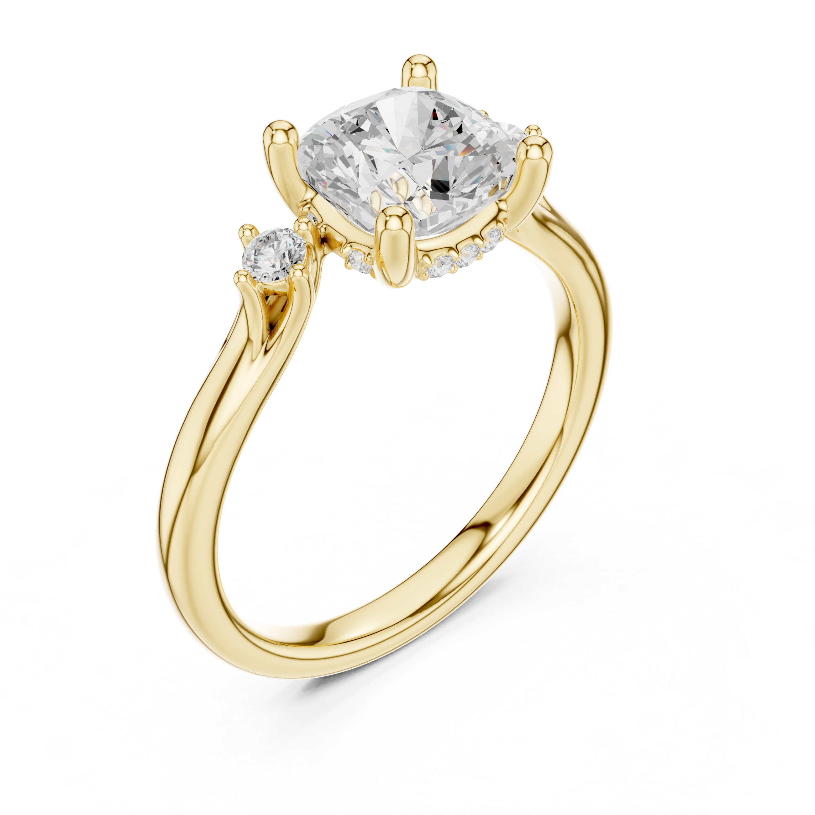 Cushion Cut Diamond Three Stone Engagement Ring with Accent Diamonds