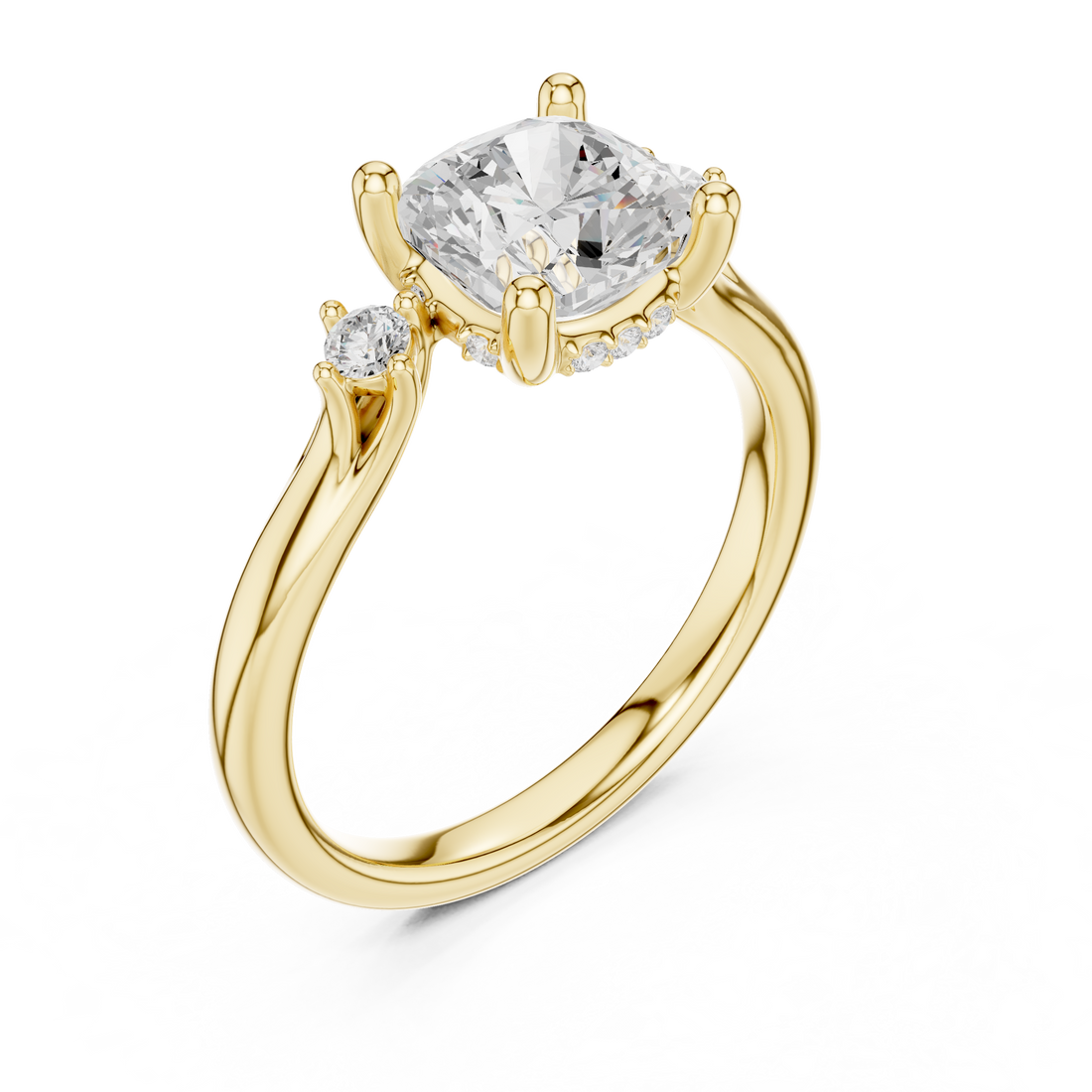 Cushion Cut Diamond Three Stone Engagement Ring with Accent Diamonds