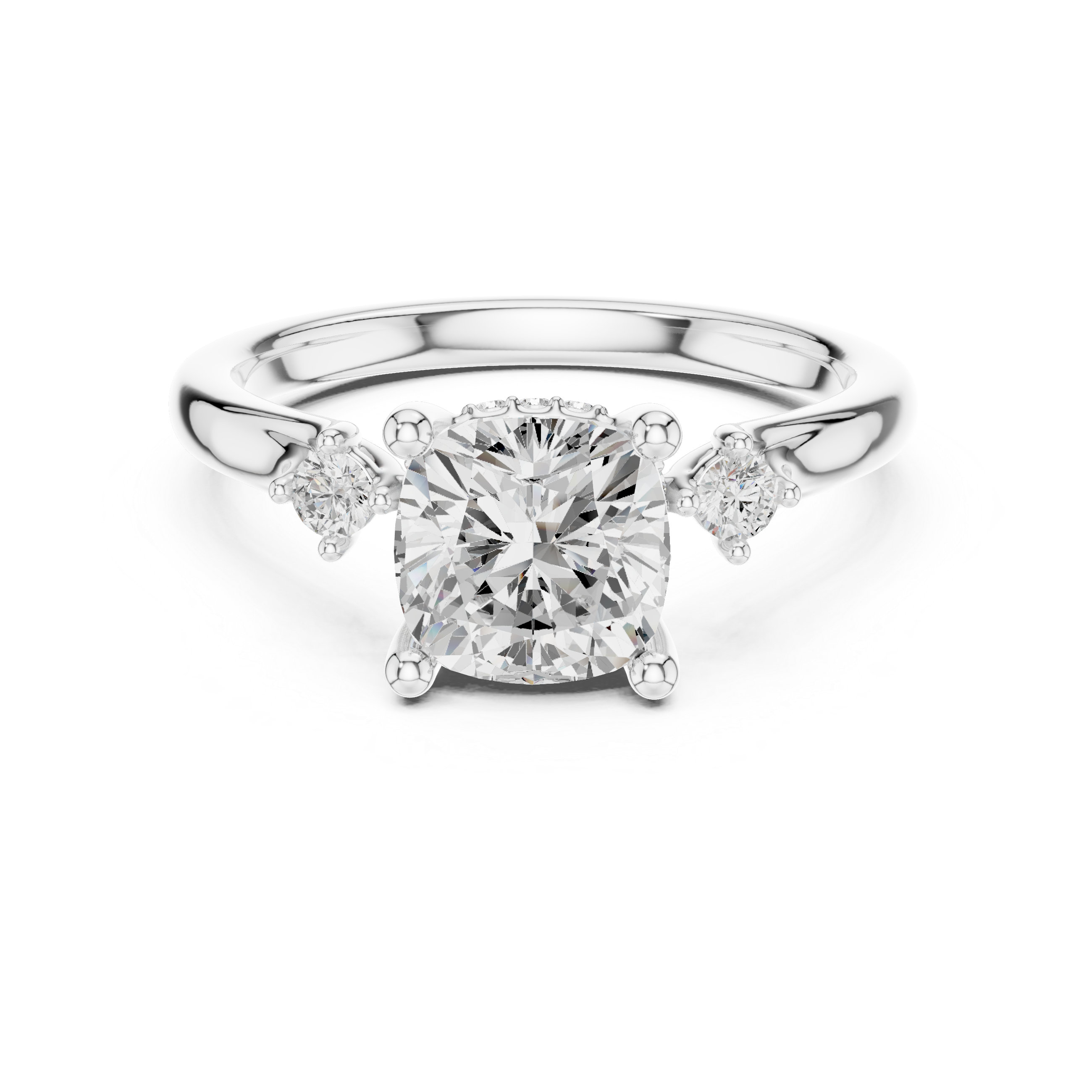 Cushion Cut Diamond Three Stone Engagement Ring with Accent Diamonds
