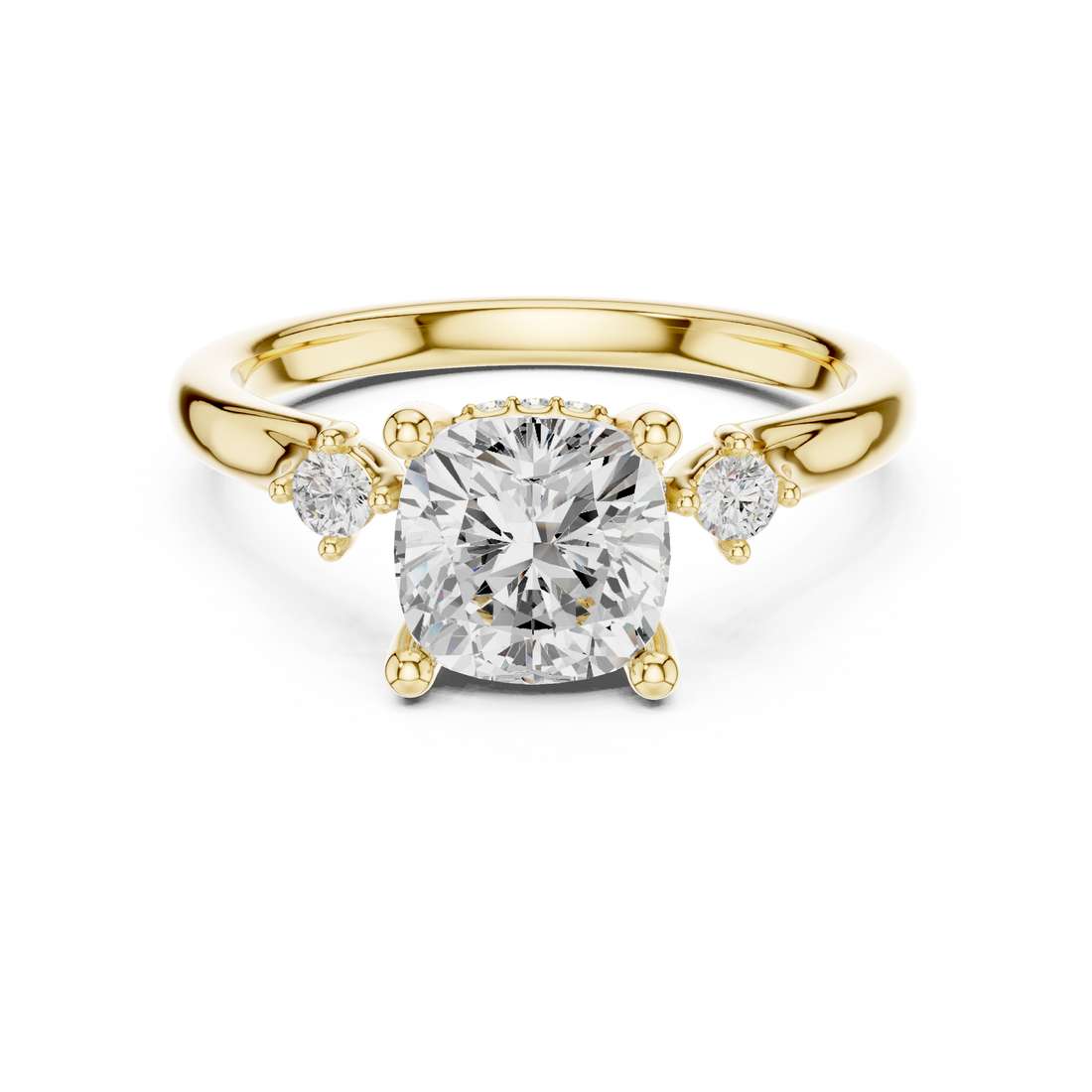 Cushion Cut Diamond Three Stone Engagement Ring with Accent Diamonds