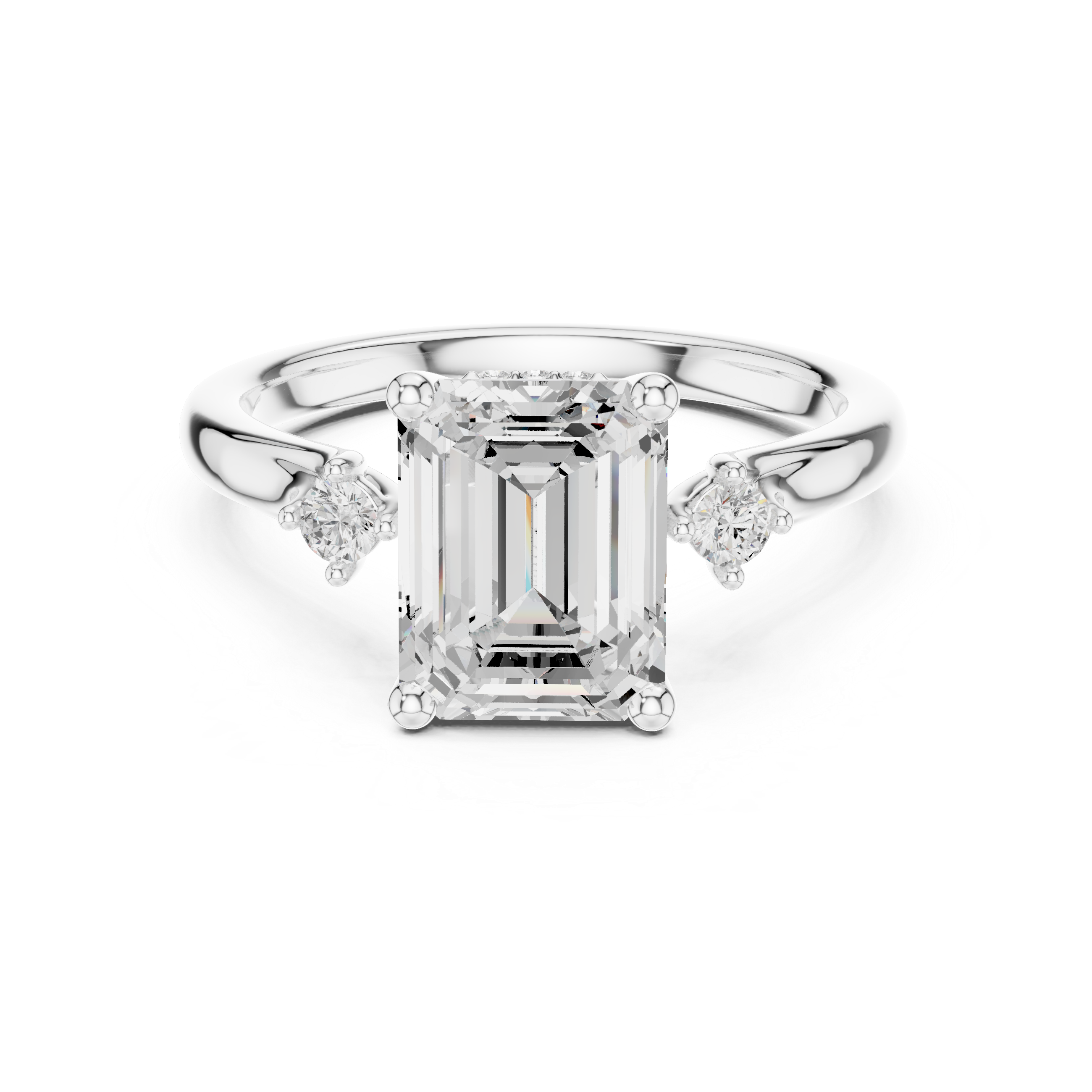 Emerald Cut Diamond Three Stone Engagement Ring with Round Side Accents