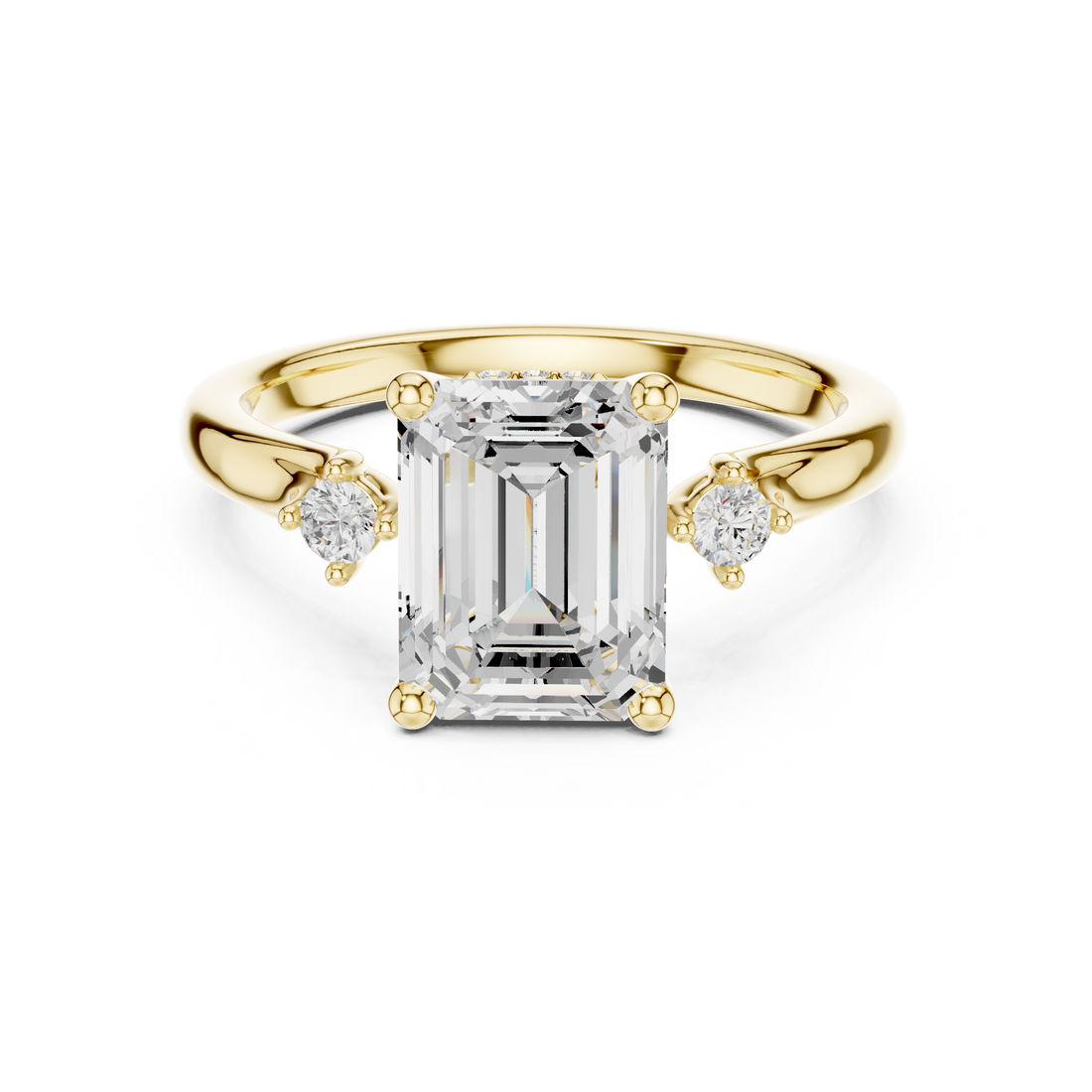 Emerald Cut Diamond Three Stone Engagement Ring with Round Side Accents