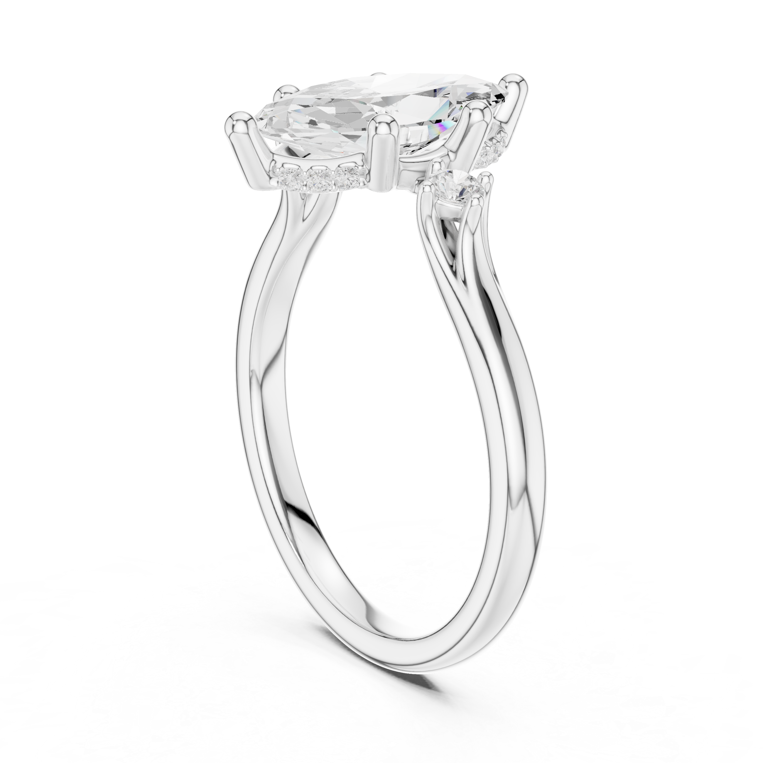 Marquise Cut Diamond Three Stone Ring with Round Side Accents