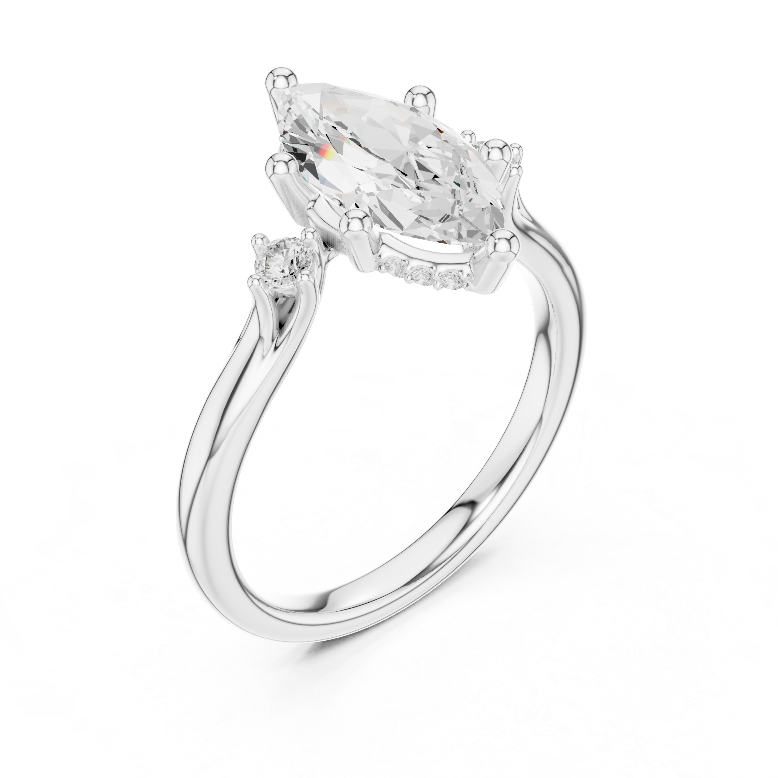 Marquise Cut Diamond Three Stone Ring with Round Side Accents