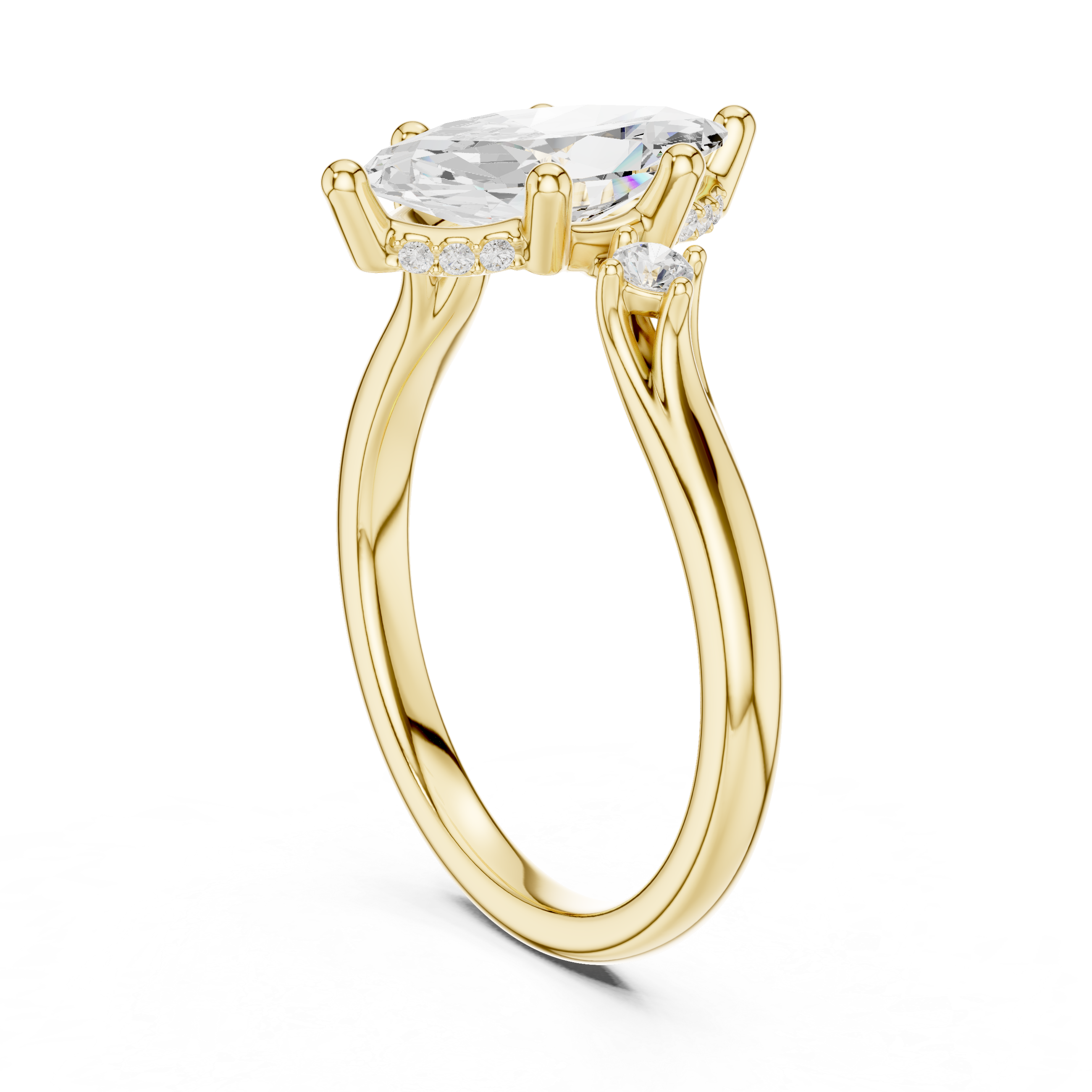Marquise Cut Diamond Three Stone Ring with Round Side Accents