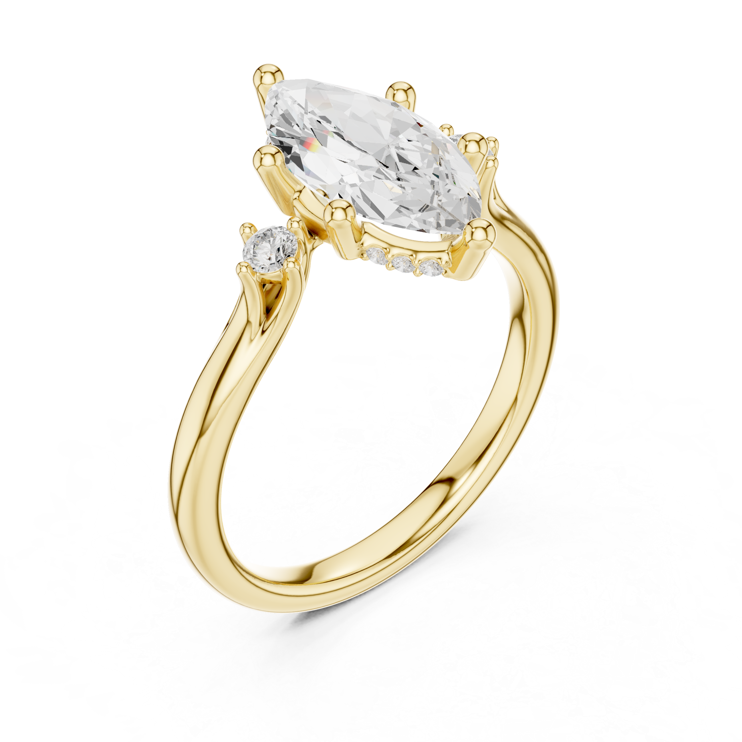 Marquise Cut Diamond Three Stone Ring with Round Side Accents