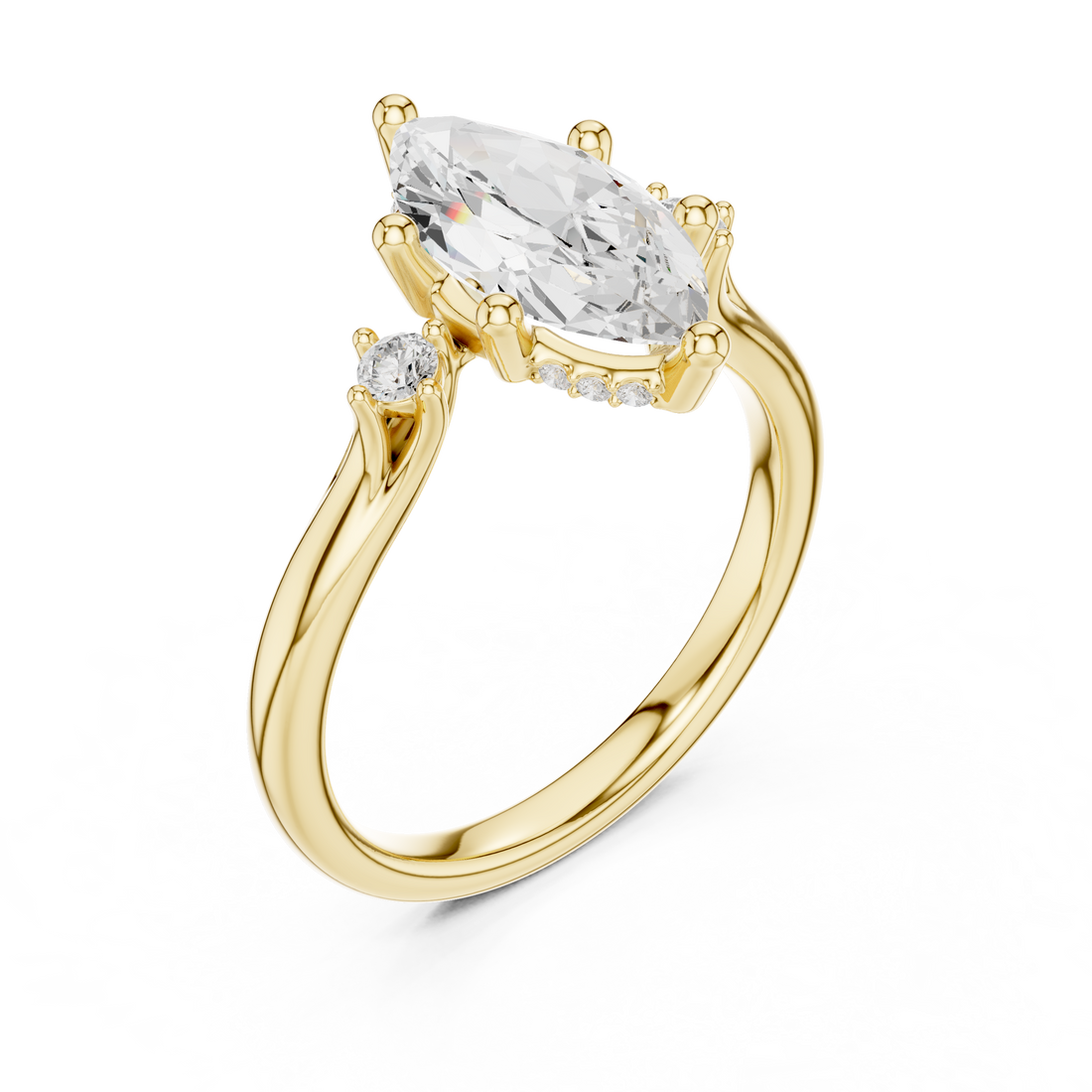 Marquise Cut Diamond Three Stone Ring with Round Side Accents