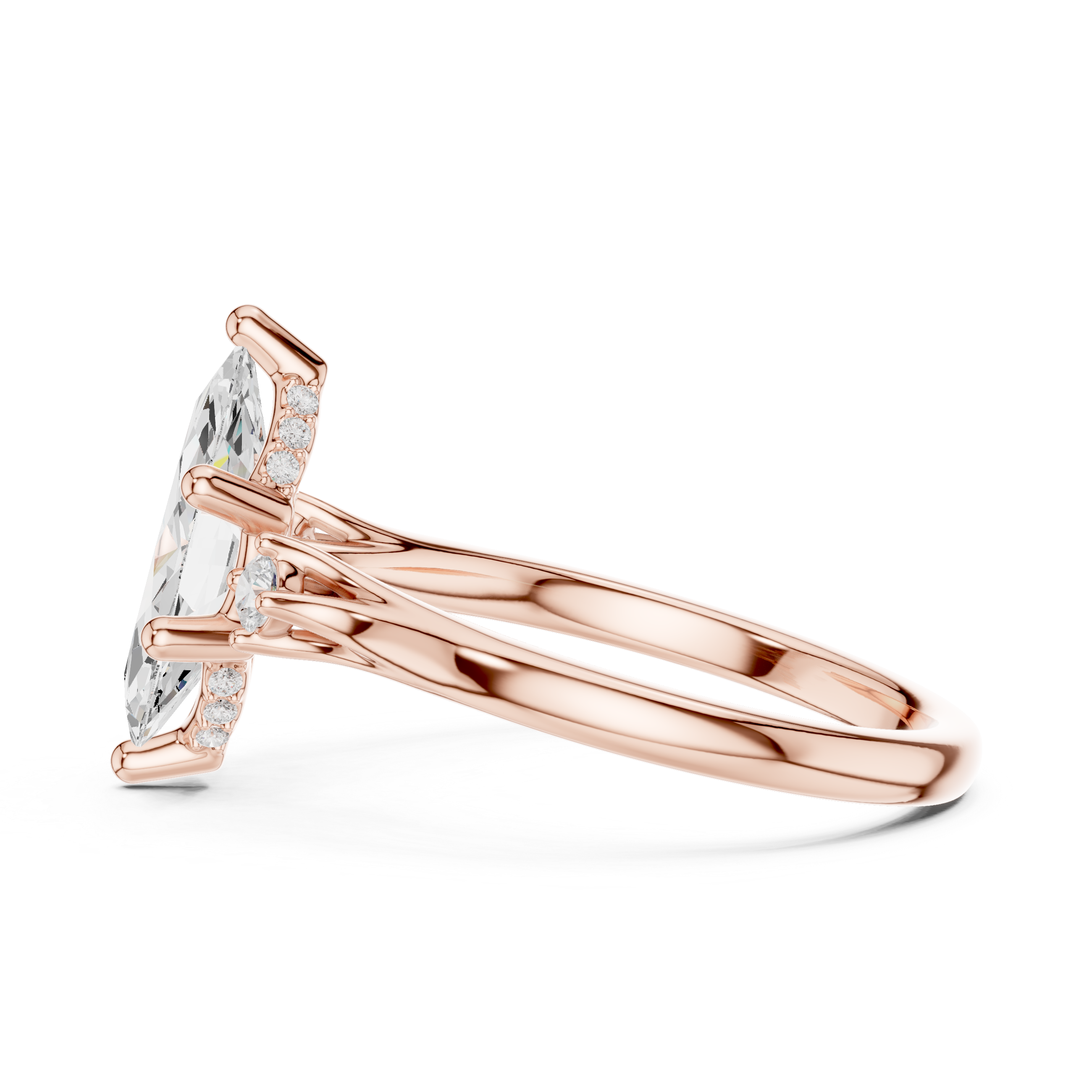 Marquise Cut Diamond Three Stone Ring with Round Side Accents