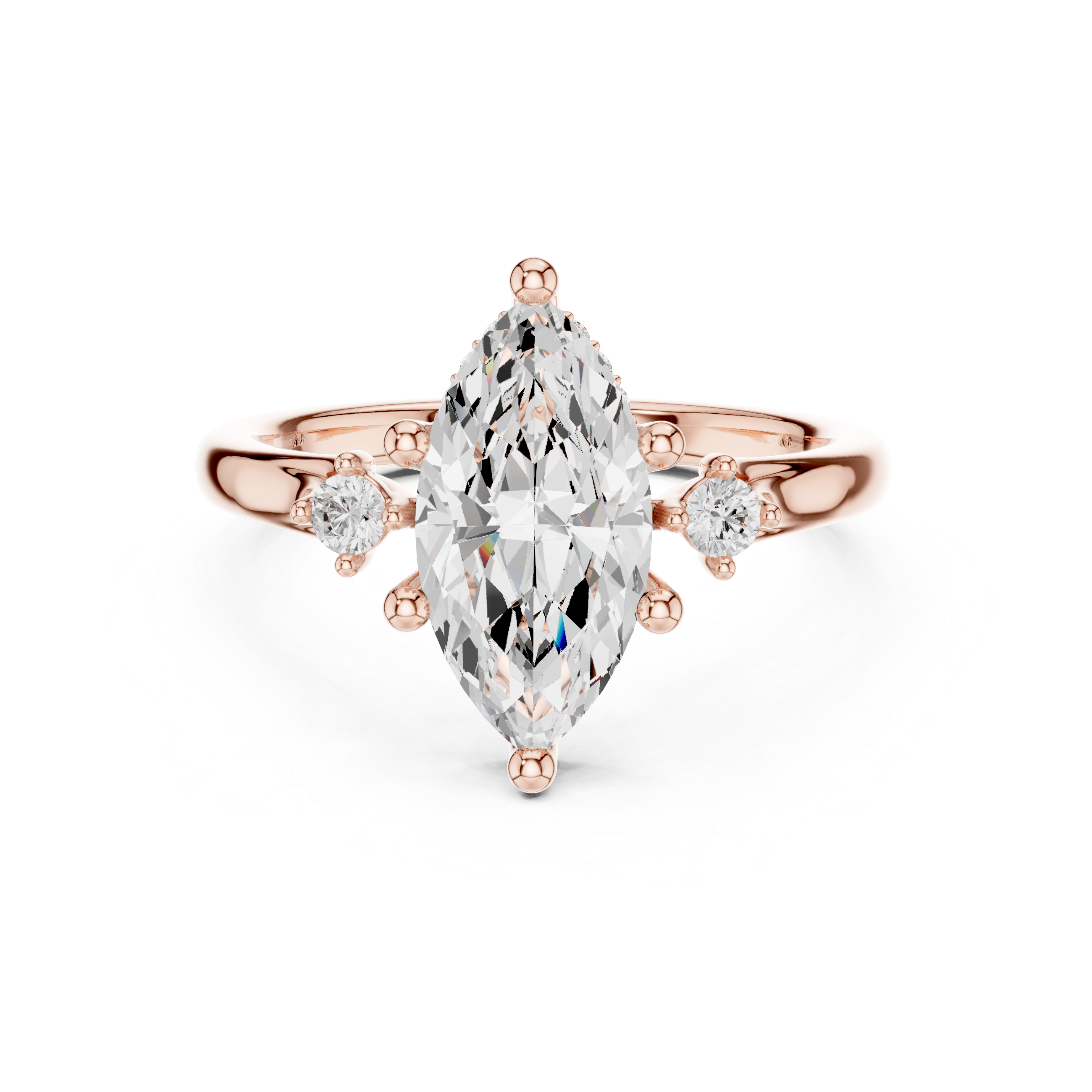 Marquise Cut Diamond Three Stone Ring with Round Side Accents