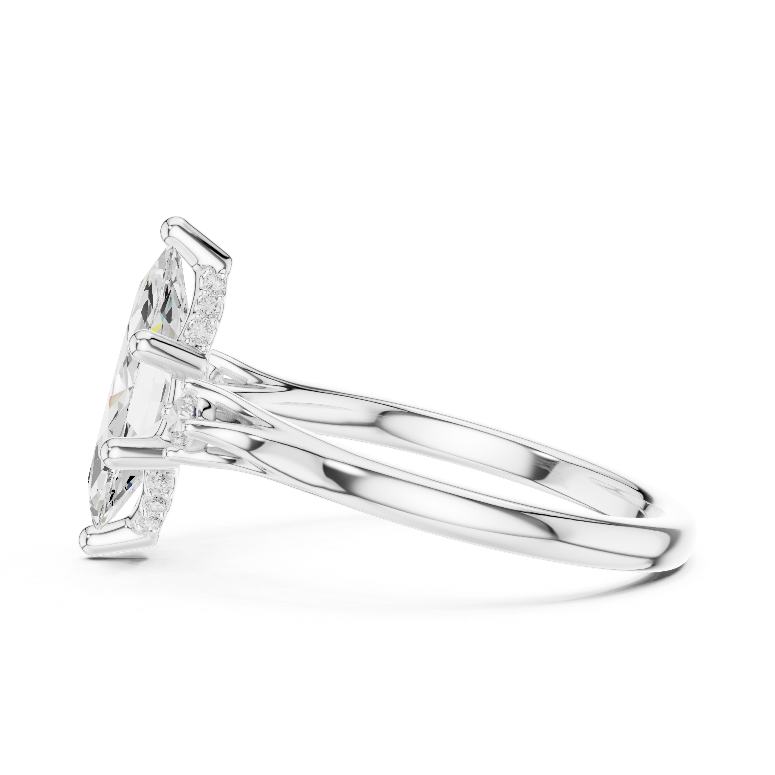 Marquise Cut Diamond Three Stone Ring with Round Side Accents