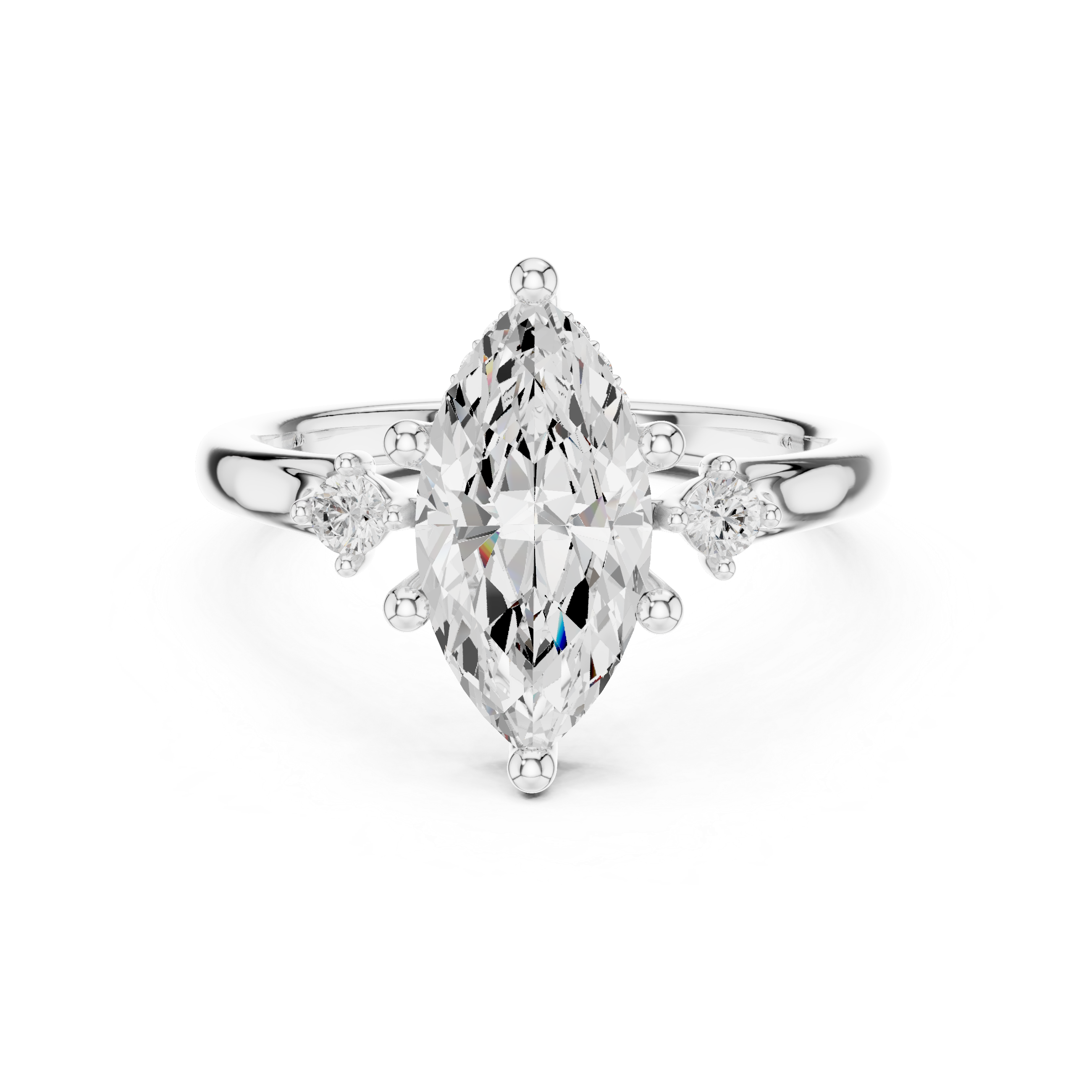 Marquise Cut Diamond Three Stone Ring with Round Side Accents