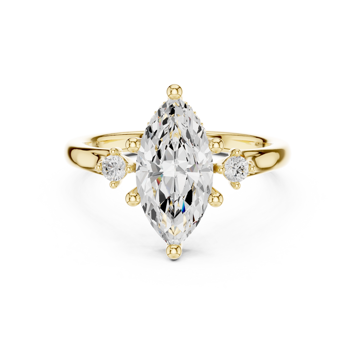Marquise Cut Diamond Three Stone Ring with Round Side Accents