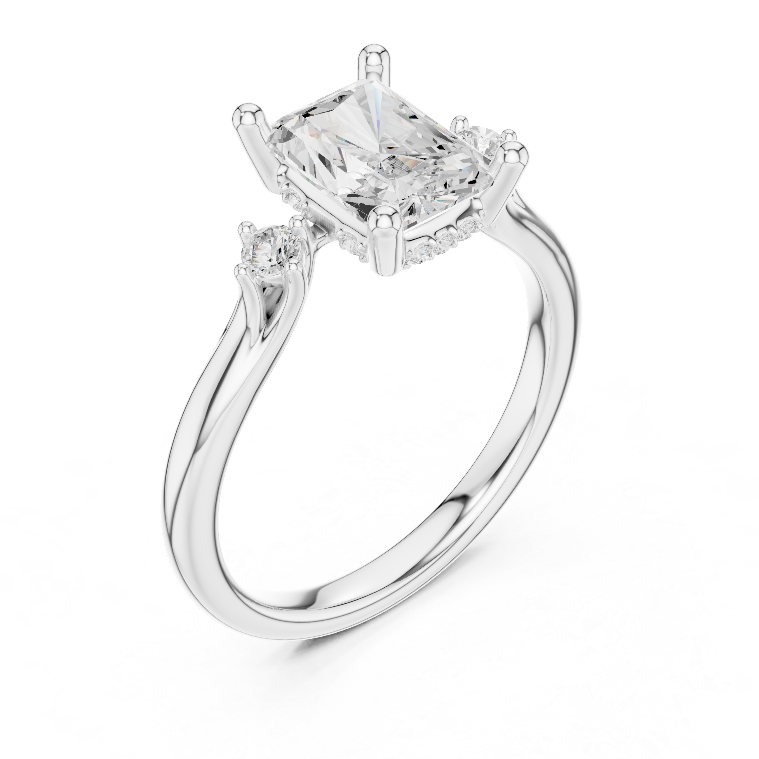 Radiant Cut Diamond Three Stone Ring with Round Accent Diamonds