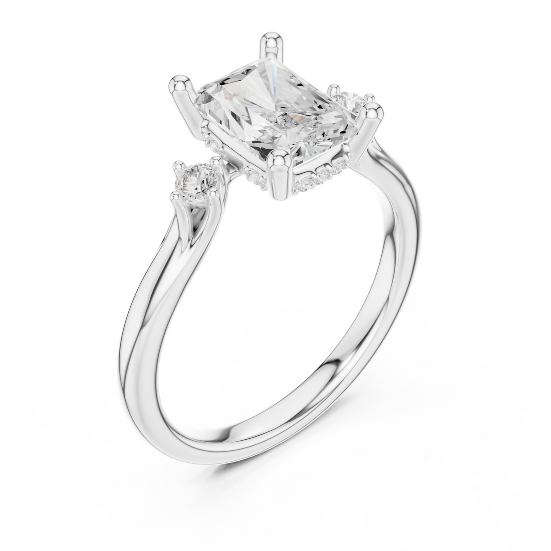 Radiant Cut Diamond Three Stone Ring with Round Accent Diamonds