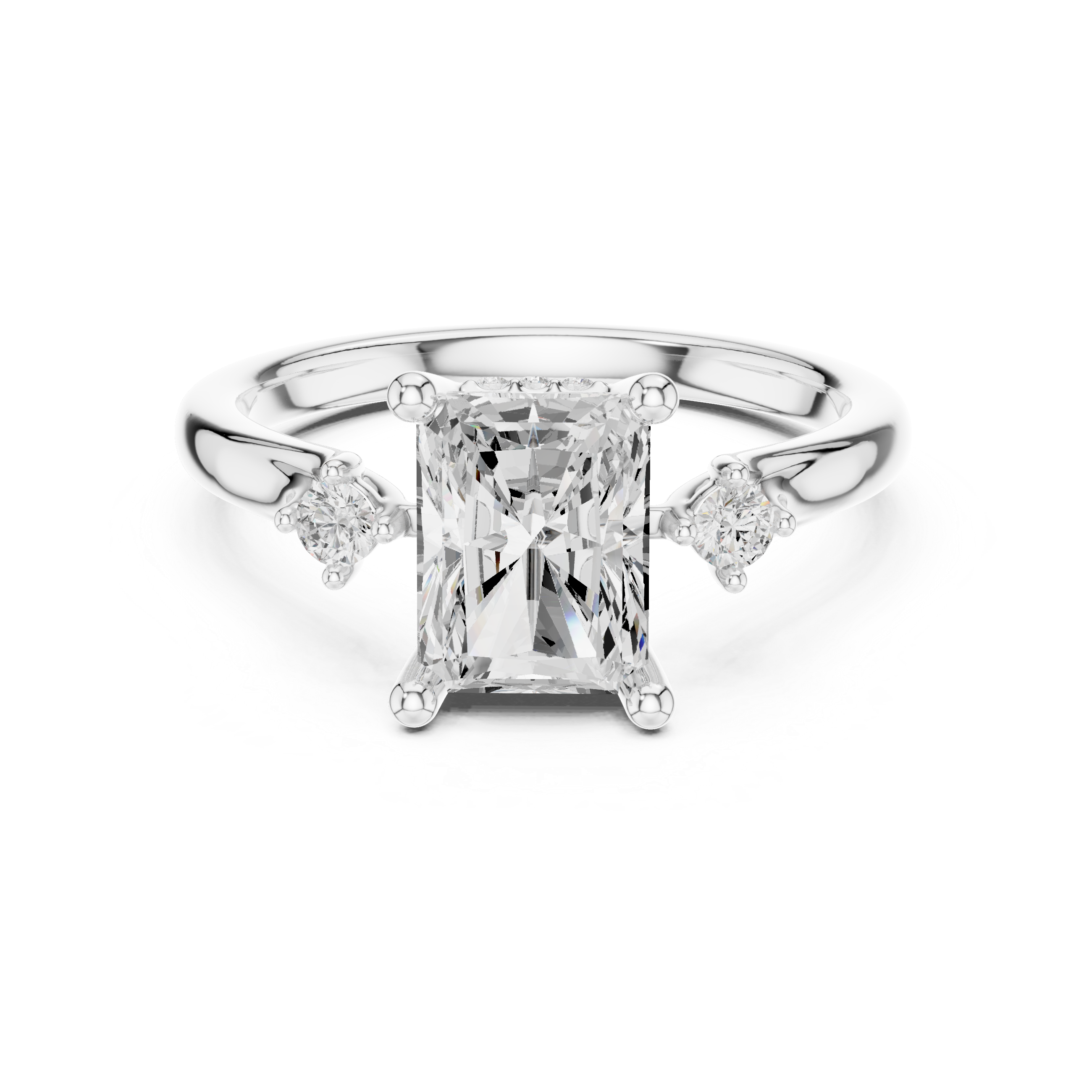 Radiant Cut Diamond Three Stone Ring with Round Accent Diamonds
