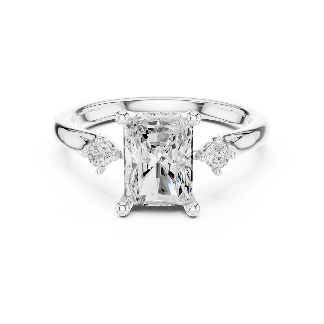 Radiant Cut Diamond Three Stone Ring with Round Accent Diamonds
