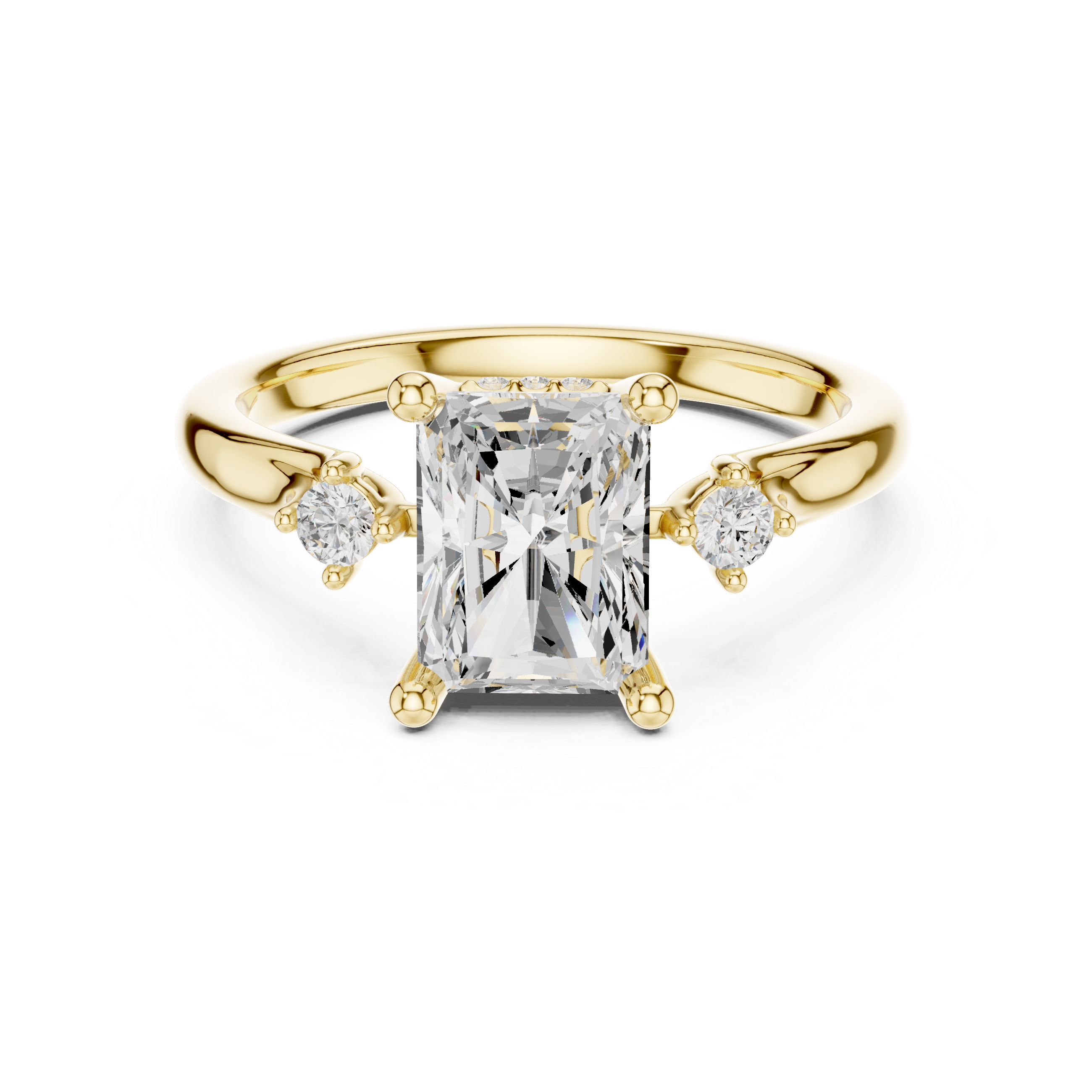 Radiant Cut Diamond Three Stone Ring with Round Accent Diamonds