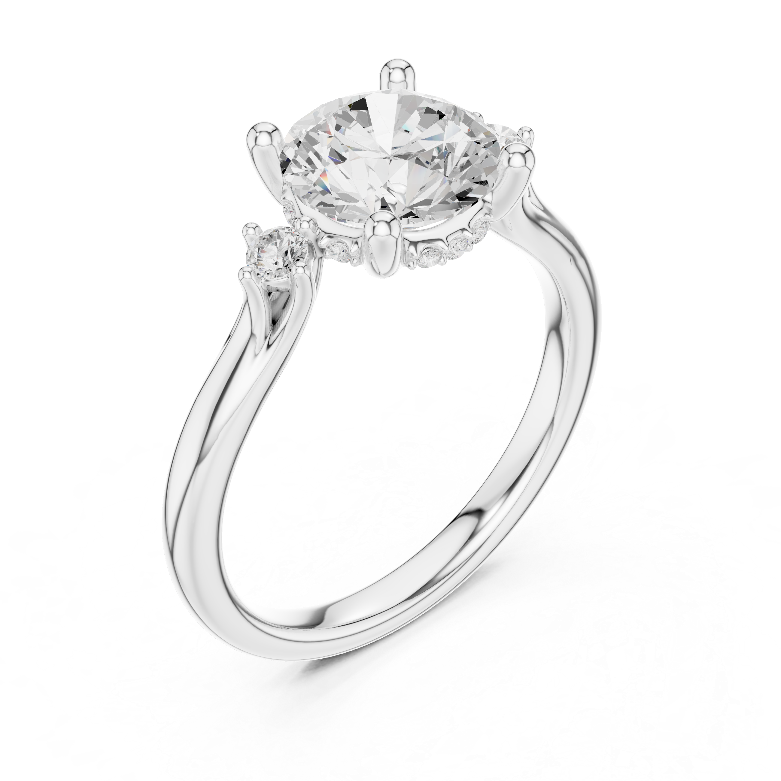 Round Brilliant Diamond Three Stone Engagement Ring with Accent Diamonds