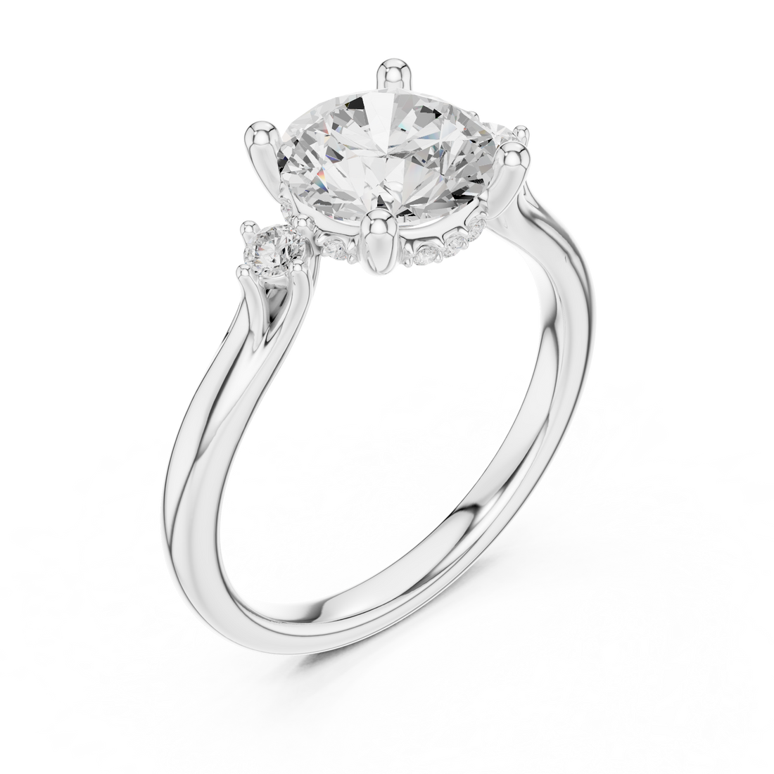 Round Brilliant Diamond Three Stone Engagement Ring with Accent Diamonds