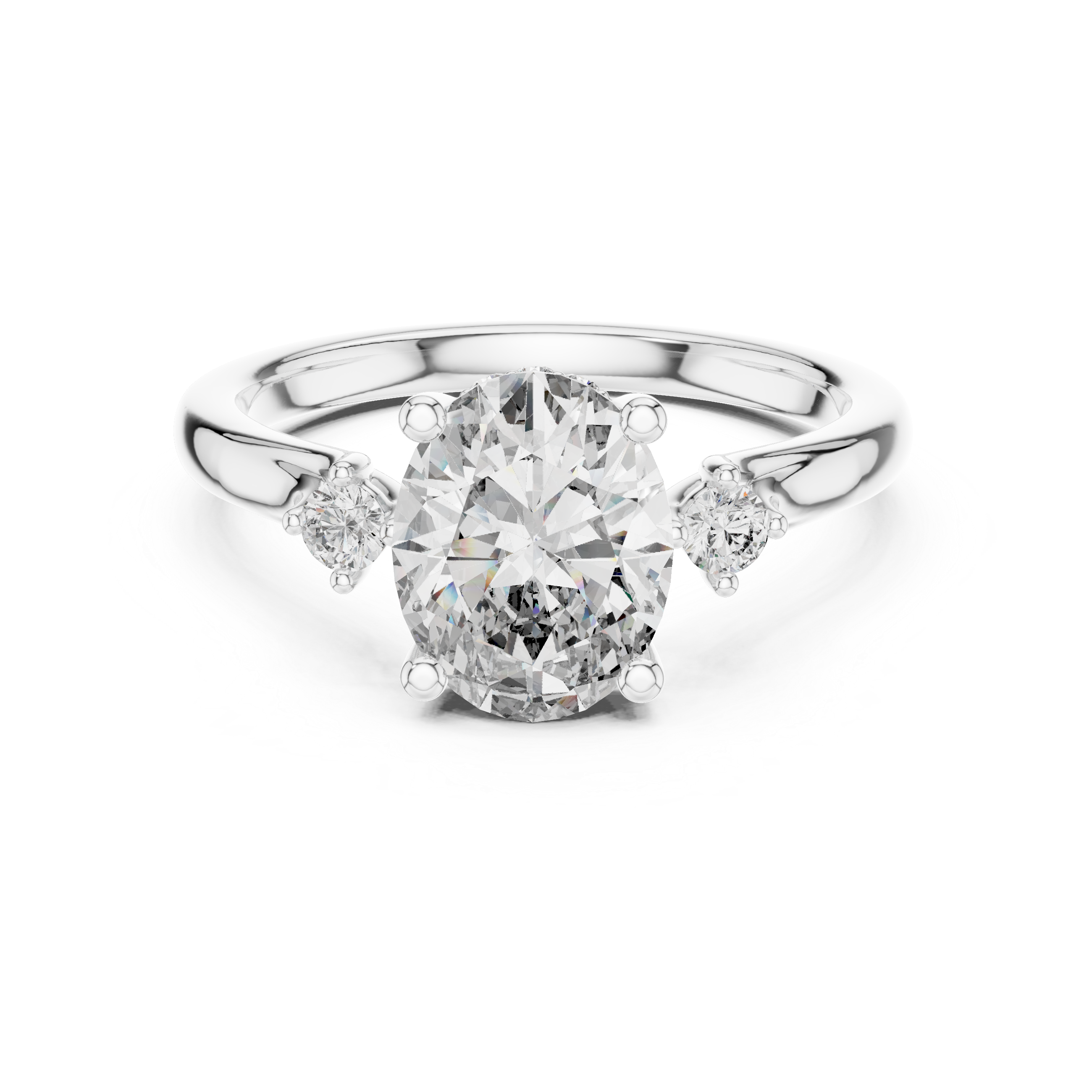 Oval Cut Diamond Three Stone Engagement Ring with Round Side Diamonds