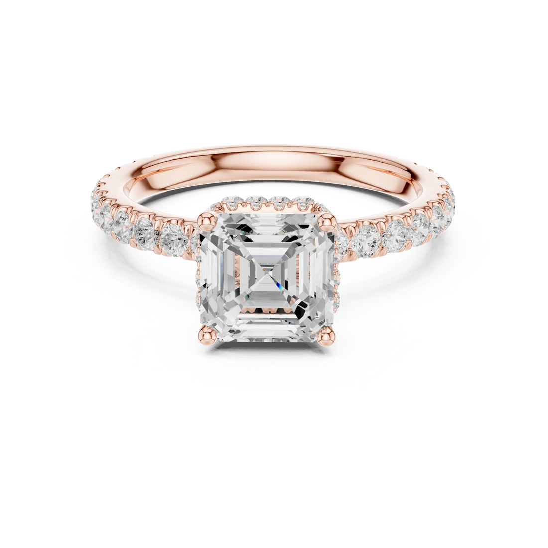 Sparkling Asscher Cut Diamond Solitaire Engagement Ring with Pavé Band close-up accent detail