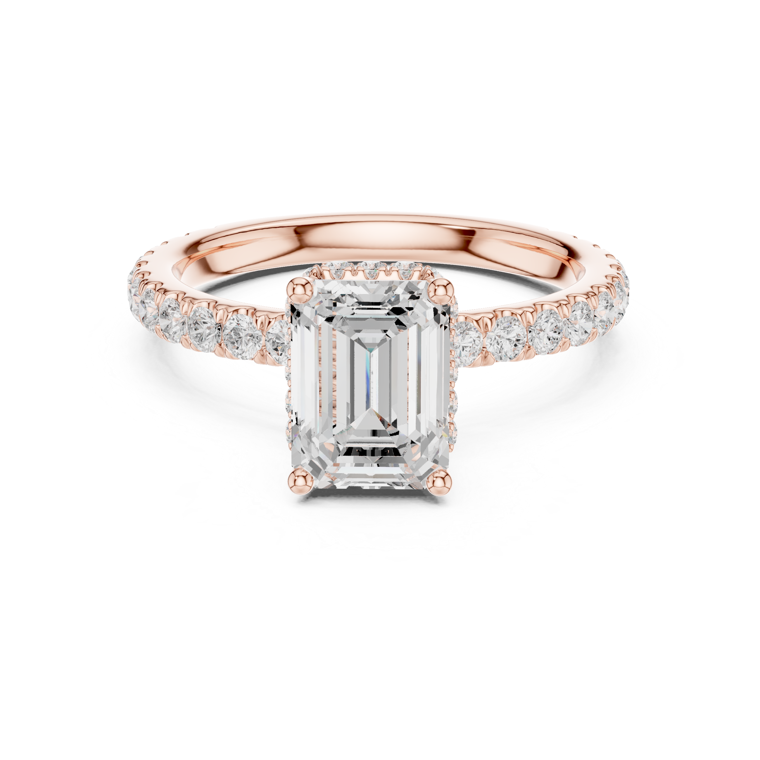 Sparkling Emerald Cut Diamond Engagement Ring with Pavé Diamond Band close-up accent detail