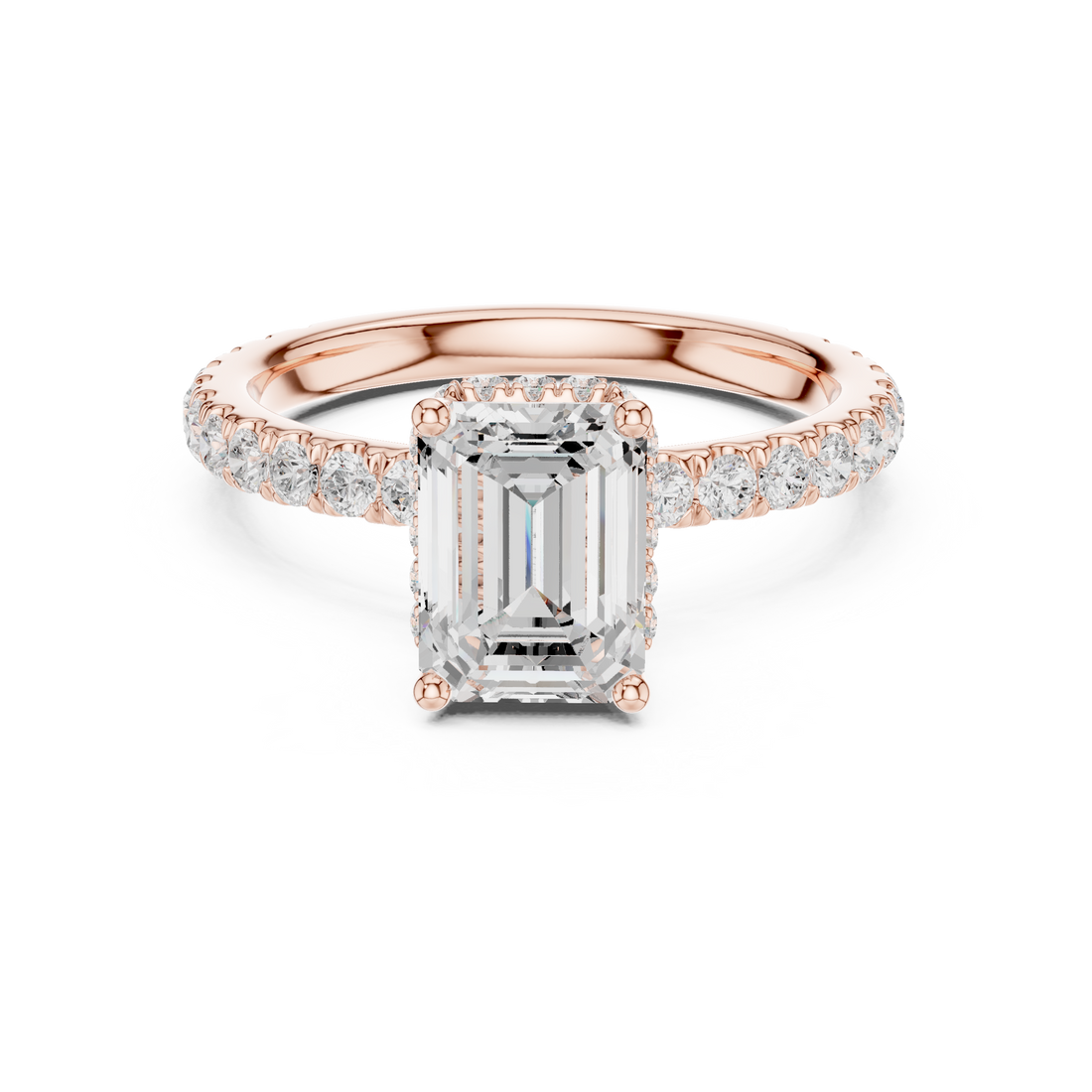Sparkling Emerald Cut Diamond Engagement Ring with Pavé Diamond Band close-up accent detail