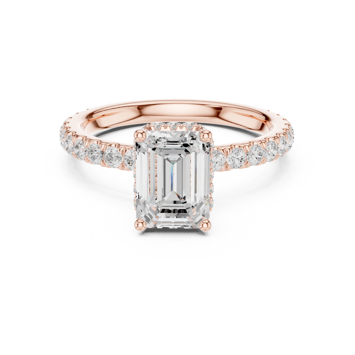 Sparkling Emerald Cut Diamond Engagement Ring with Pavé Diamond Band close-up accent detail