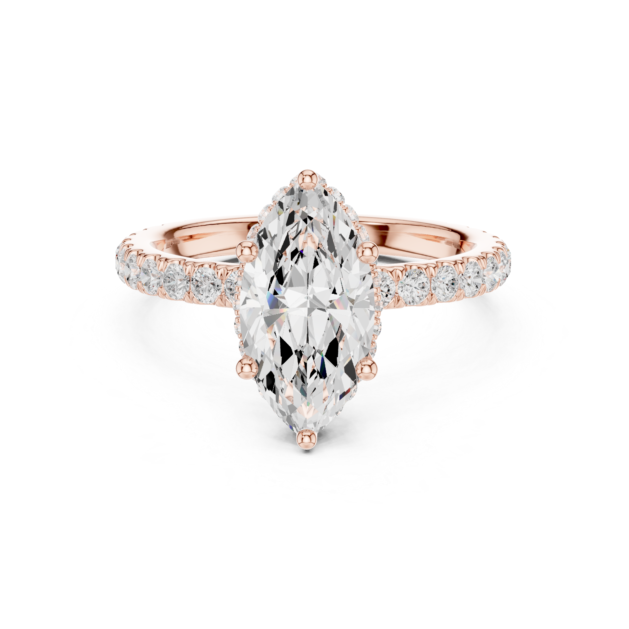 Sparkling Marquise Cut Diamond Halo Engagement Ring with Pavé Diamond Band close-up accent detail