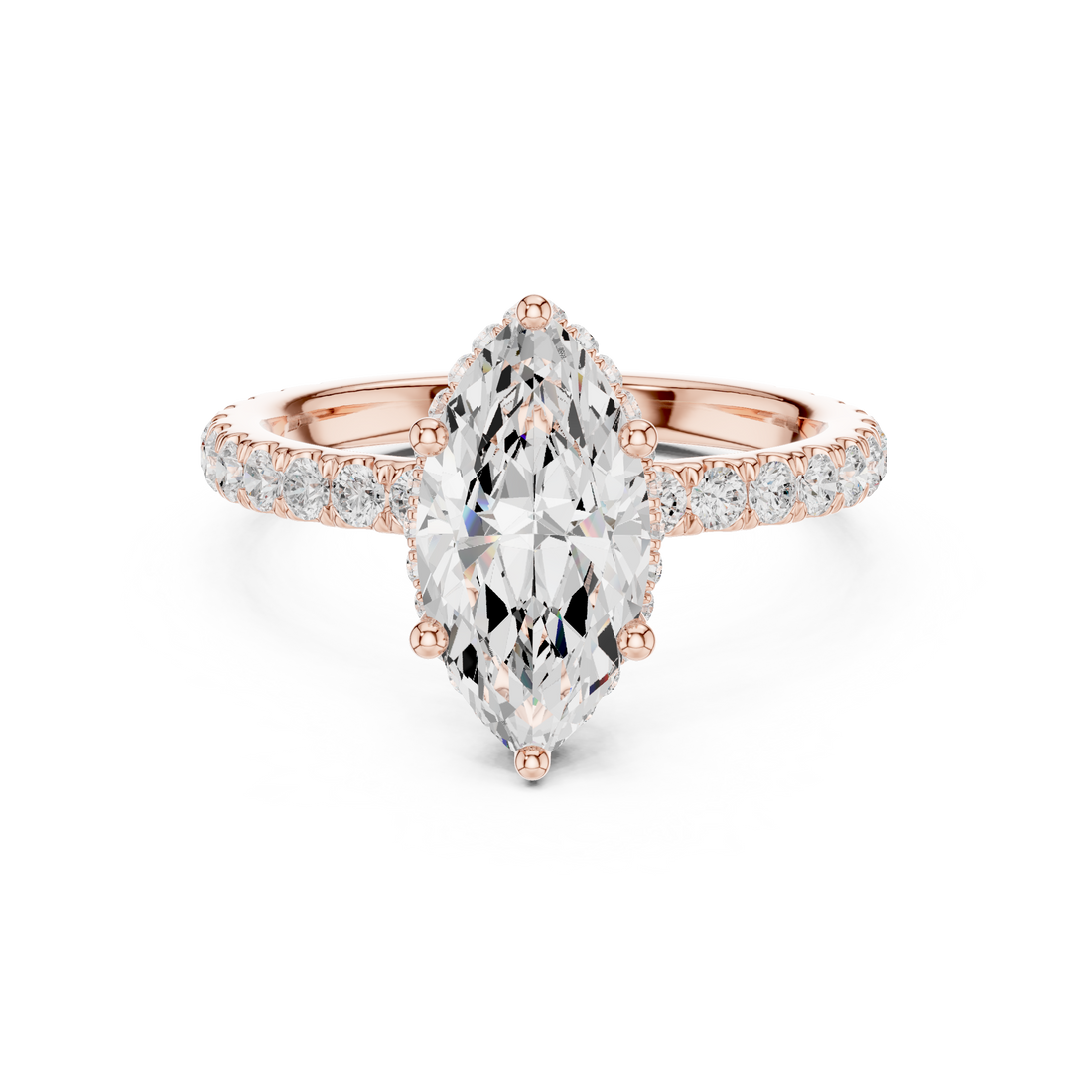 Sparkling Marquise Cut Diamond Halo Engagement Ring with Pavé Diamond Band close-up accent detail
