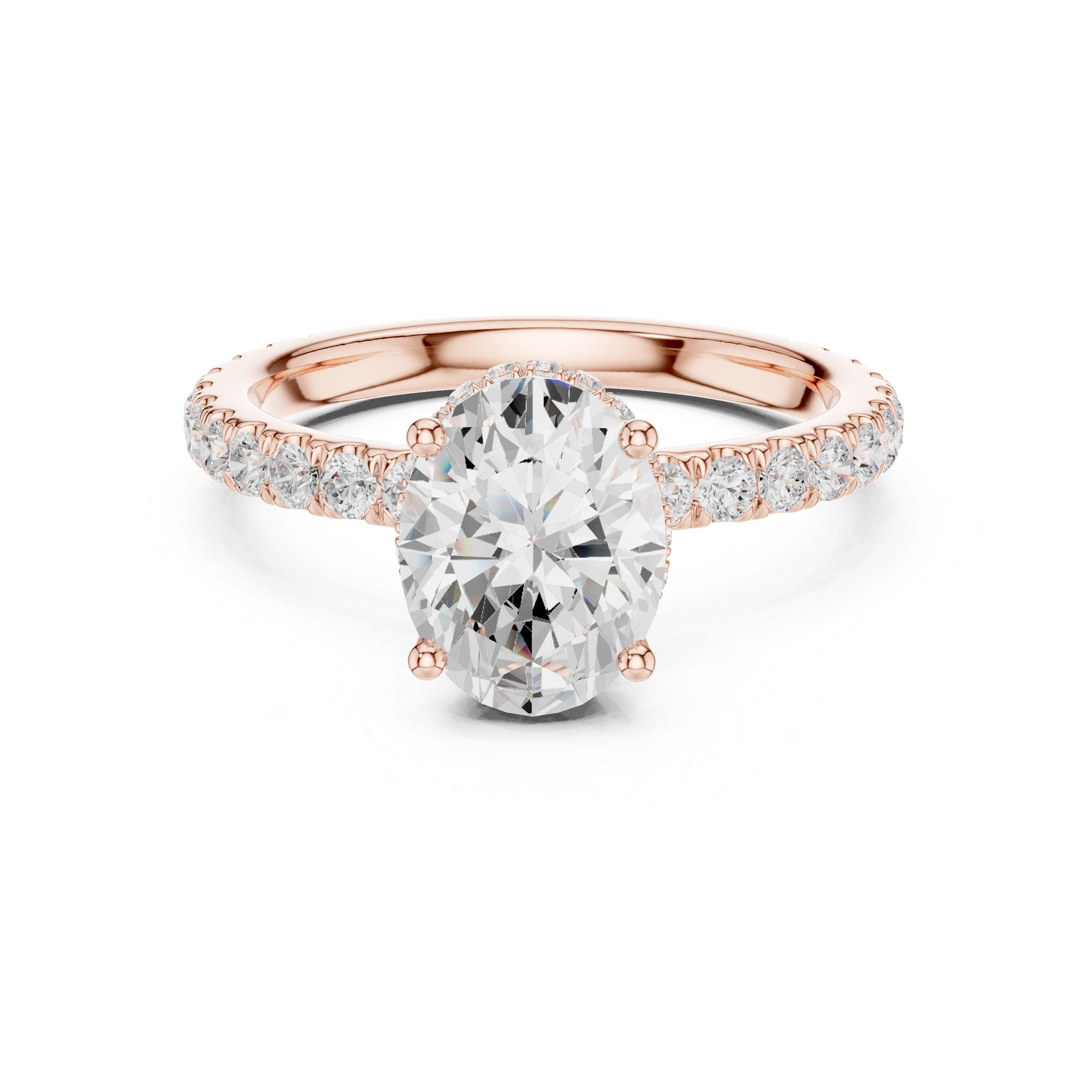 Sparkling Oval Cut Diamond Solitaire Engagement Ring with Pavé Diamond Band close-up accent detail