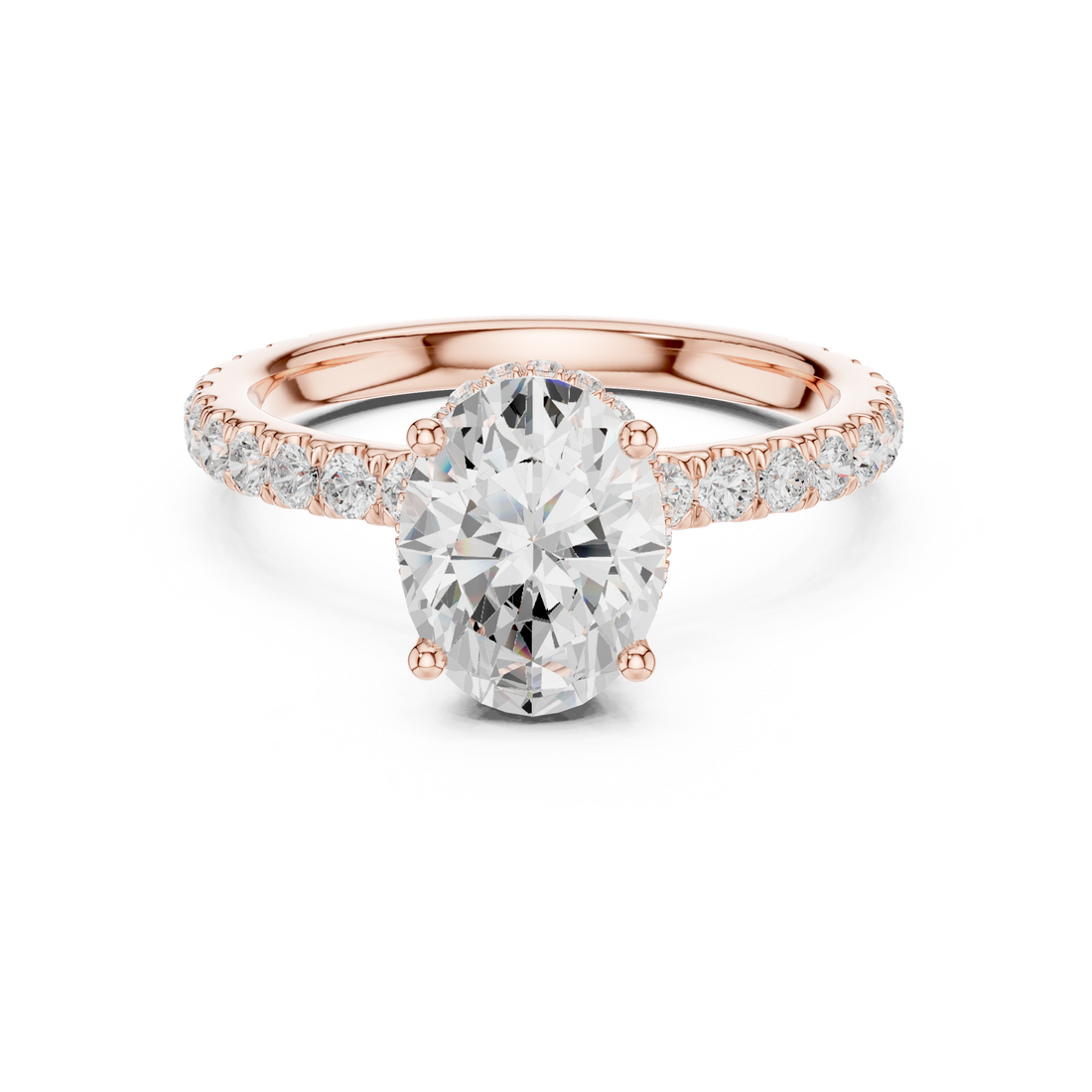 Sparkling Oval Cut Diamond Solitaire Engagement Ring with Pavé Diamond Band close-up accent detail