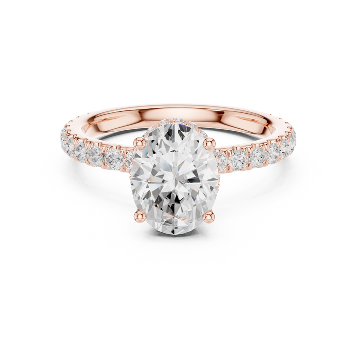 Sparkling Oval Cut Diamond Solitaire Engagement Ring with Pavé Diamond Band close-up accent detail
