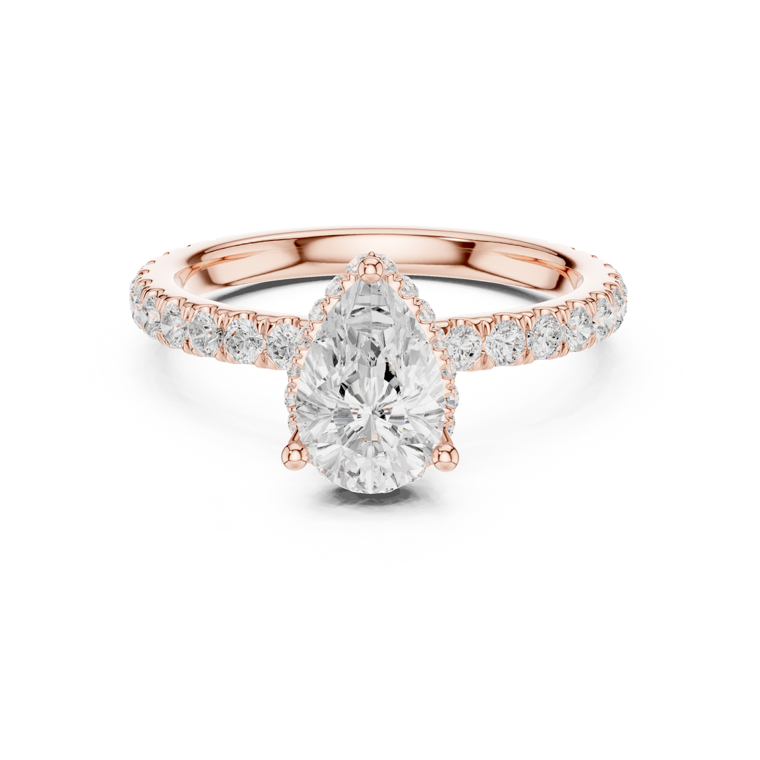 Sparkling Pear Cut Diamond Engagement Ring with Pavé Diamond Band close-up accent detail