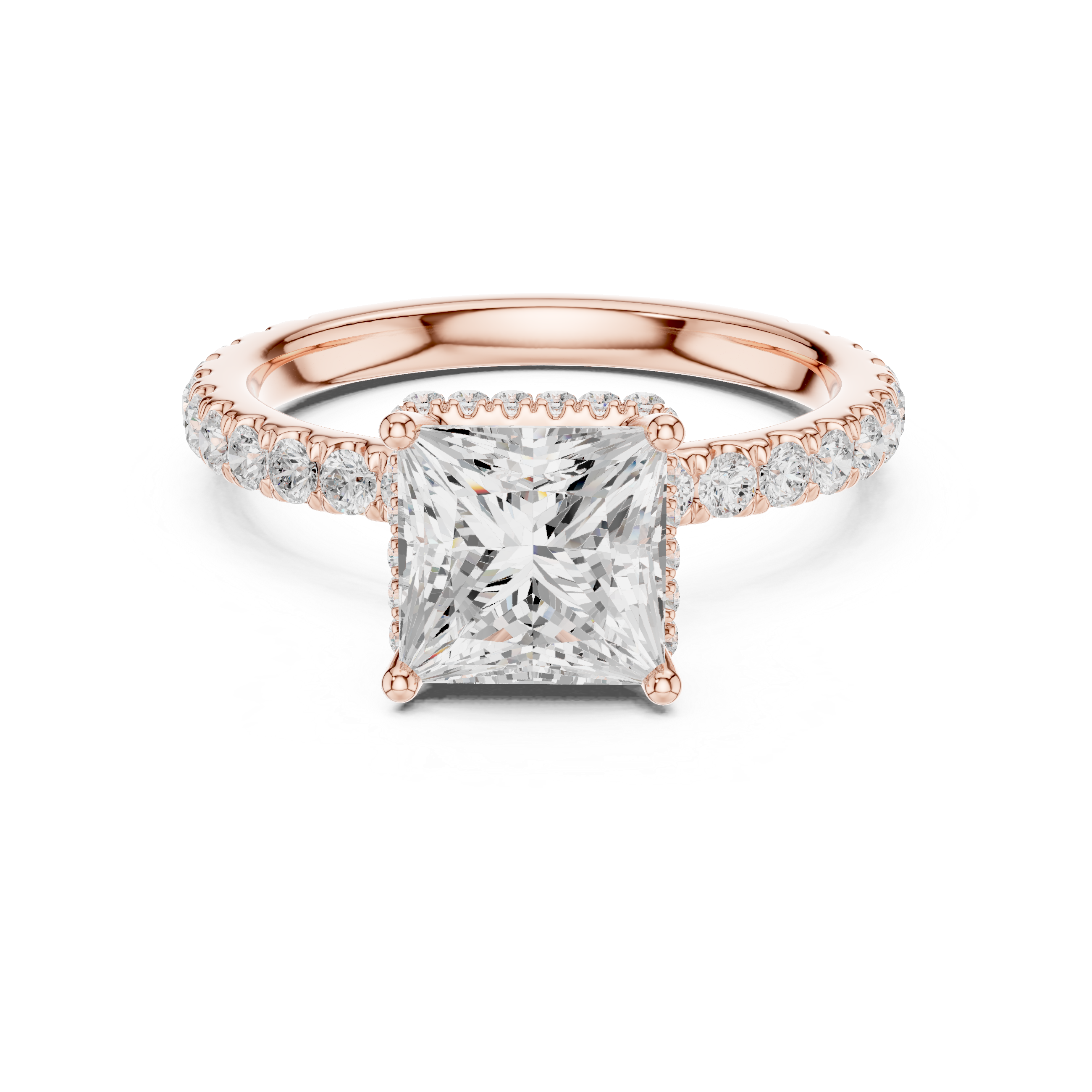 Sparkling Princess Cut Diamond Pavé Engagement Ring with Hidden Halo close-up accent detail